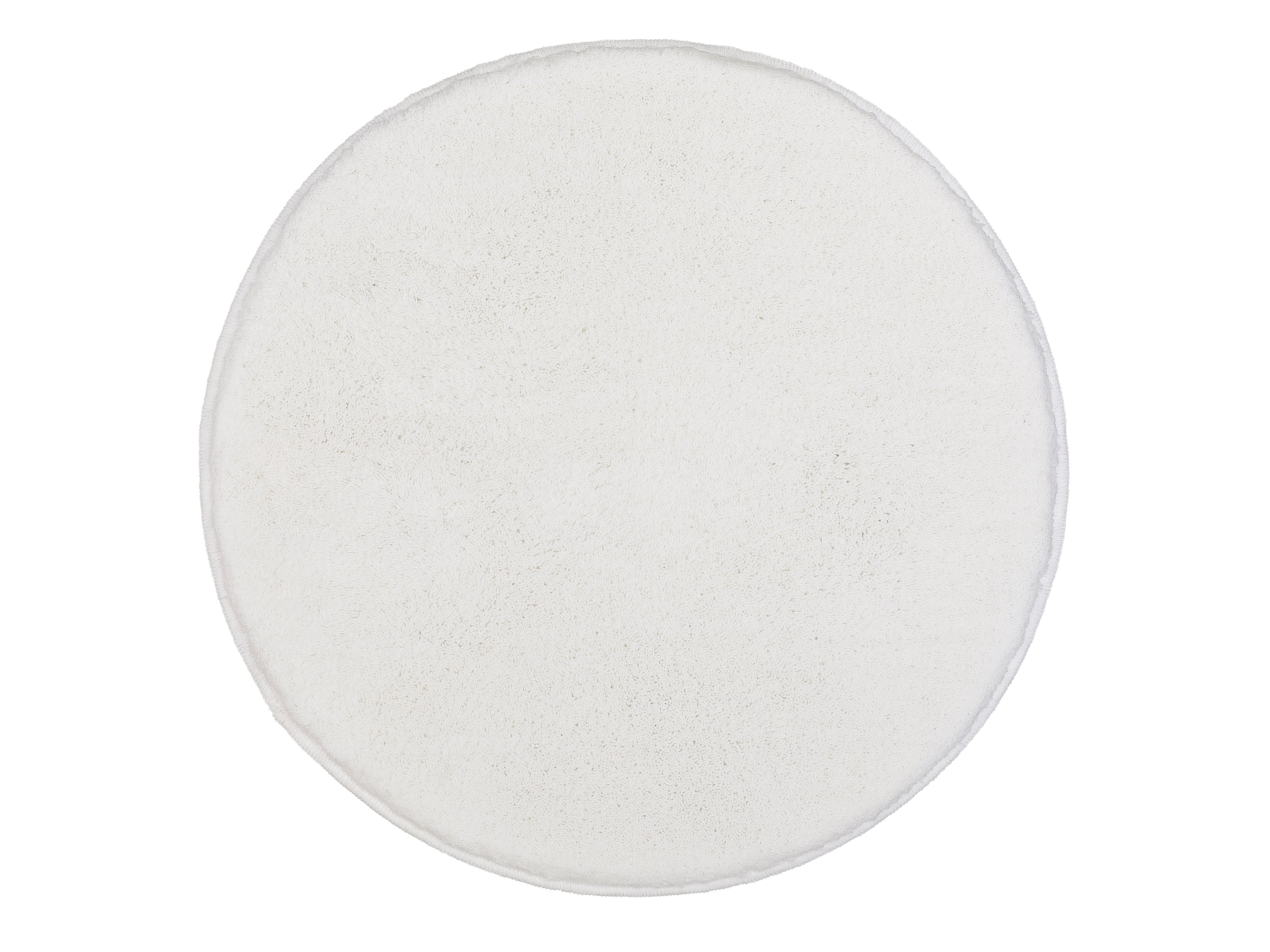 Runder Badteppich RELAX in Polarweiß mit 60 cm Durchmesser vor weißem Hintergrund.