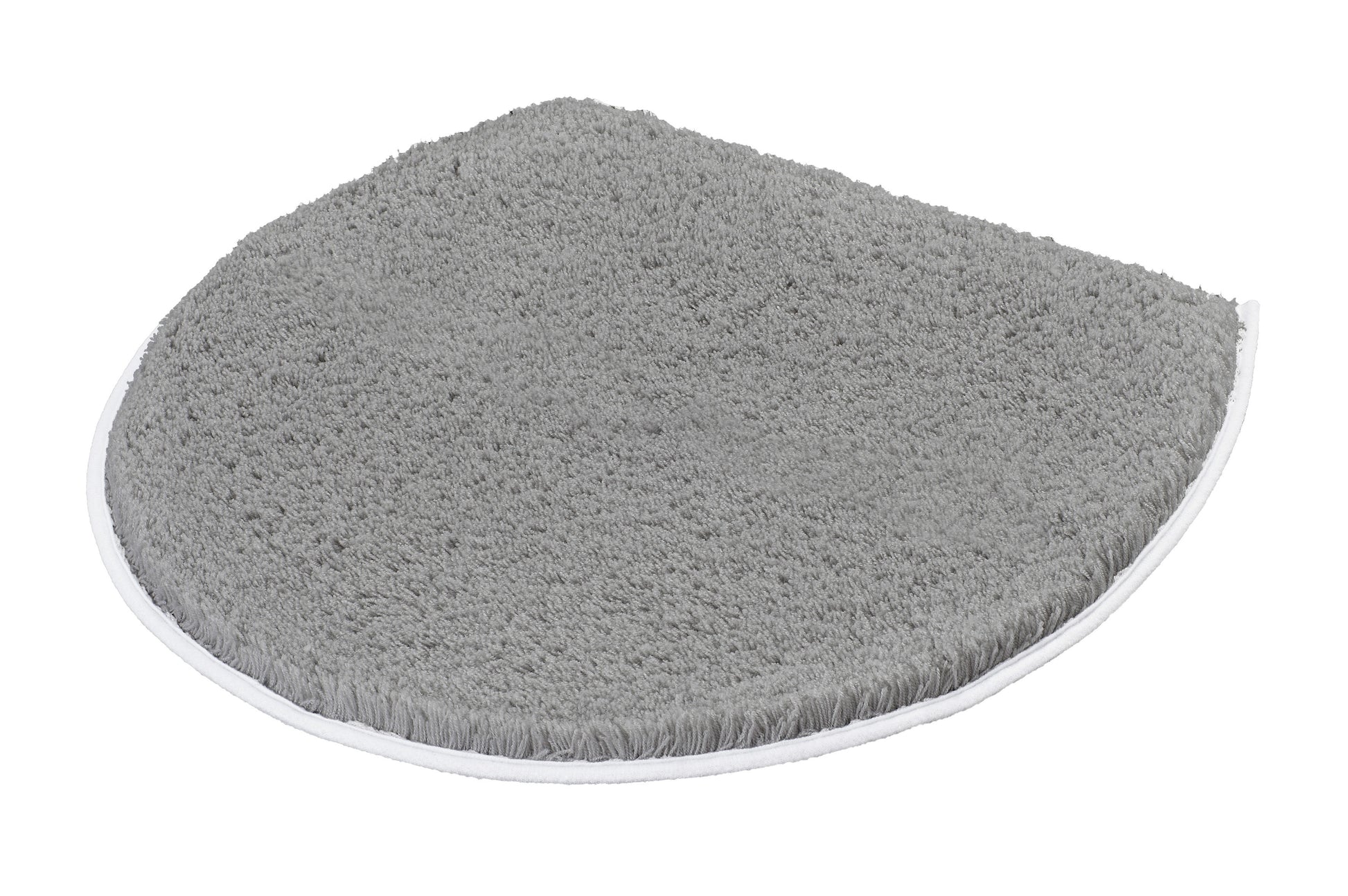 Halbrunder, grauer Badteppich mit hohem Flor und weiß eingefasstem Rand