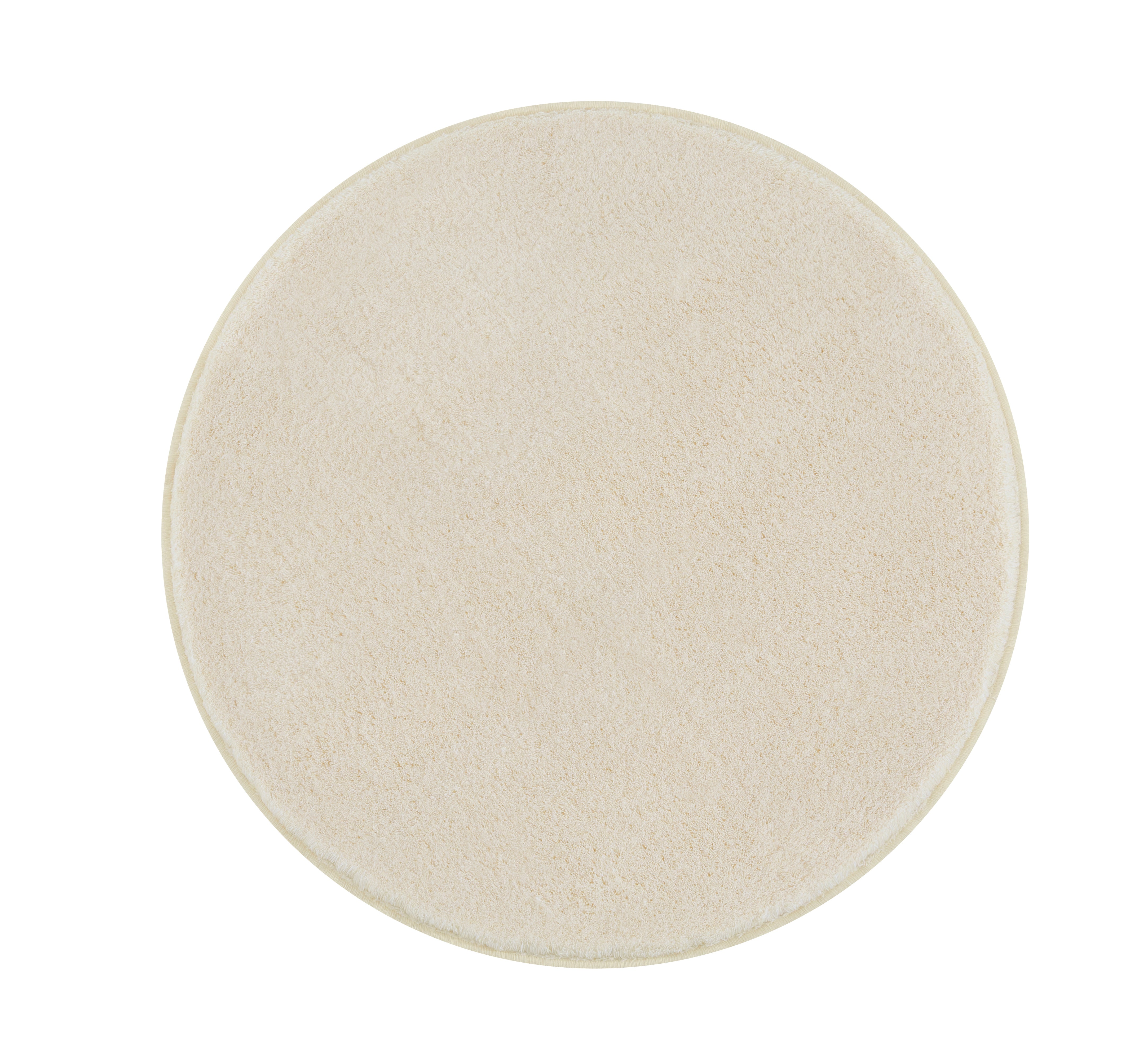 Runder sandbeiger Badteppich RELAX mit 100 cm Durchmesser auf weißem Hintergrund.
