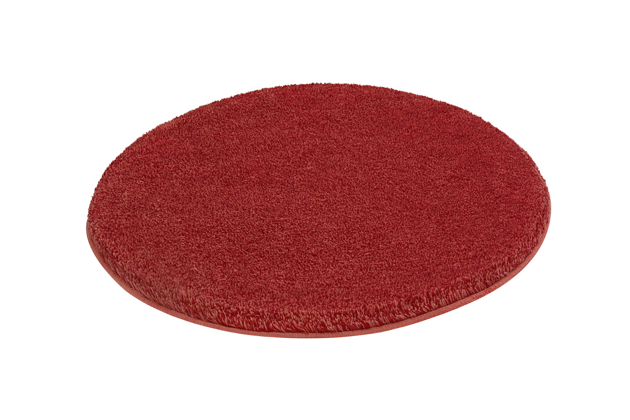 Runder, flacher Badezimmerteppich in Uni-Rot mit dichtem Hochflor