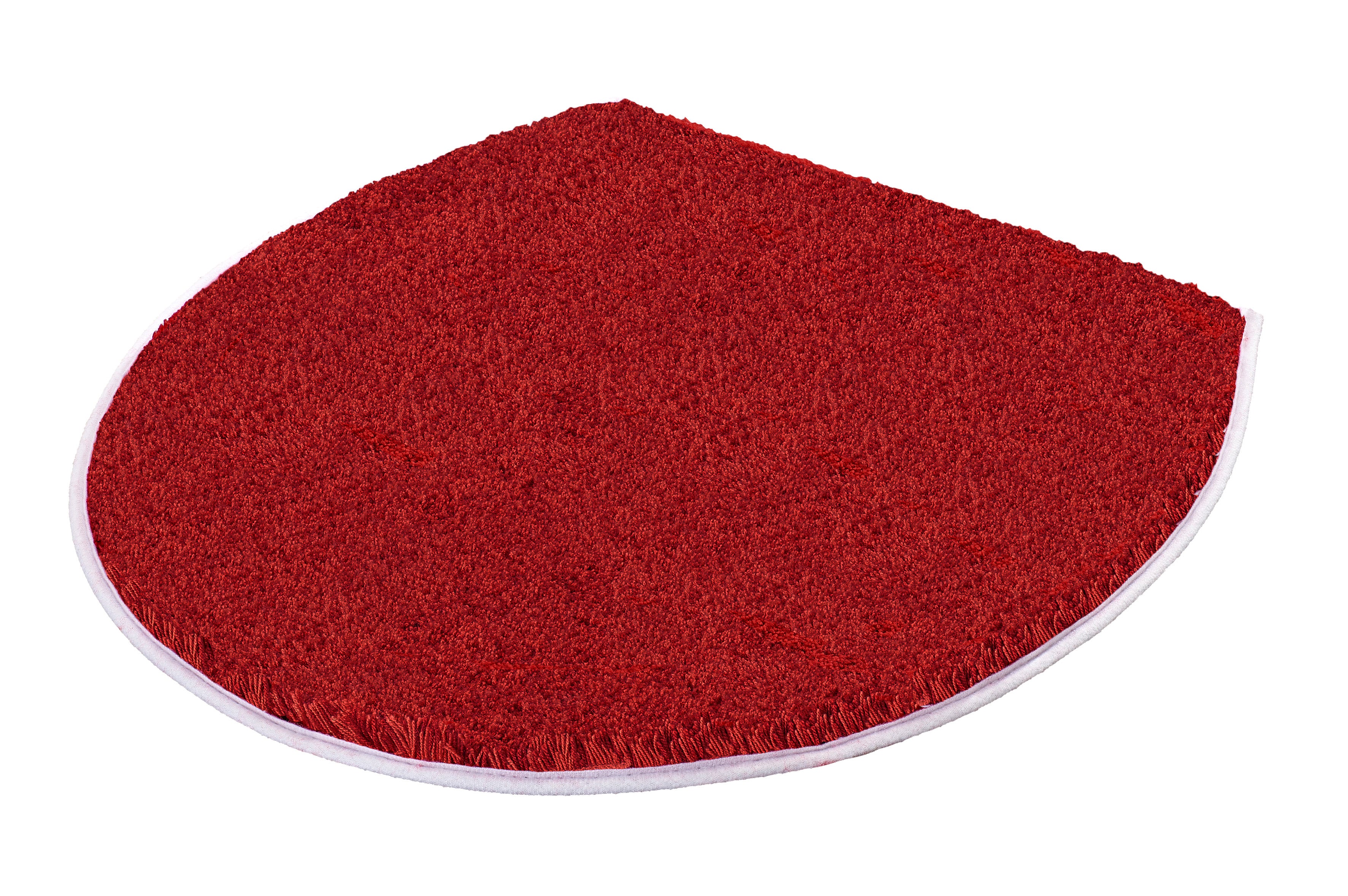 Roter, halbrunder WC-Vorleger mit weißer Kante auf weißem Grund