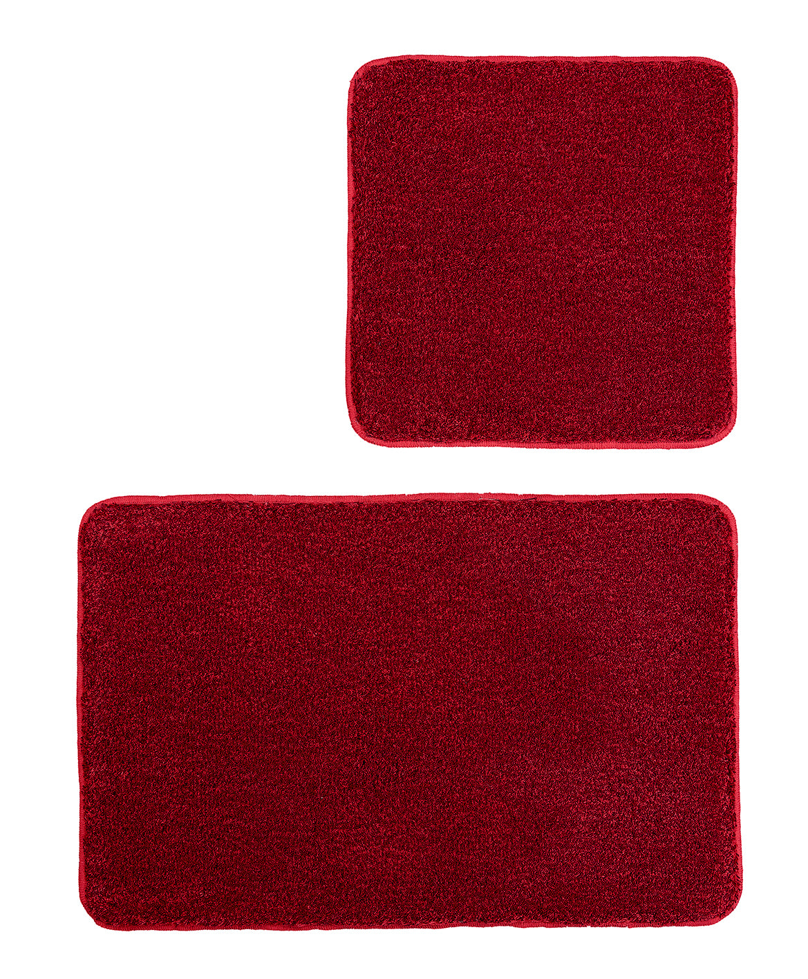 Badteppich-Set RELAX Rubin mit zwei roten Teppichen in 50x50 cm und 55x85 cm ist abgebildet.