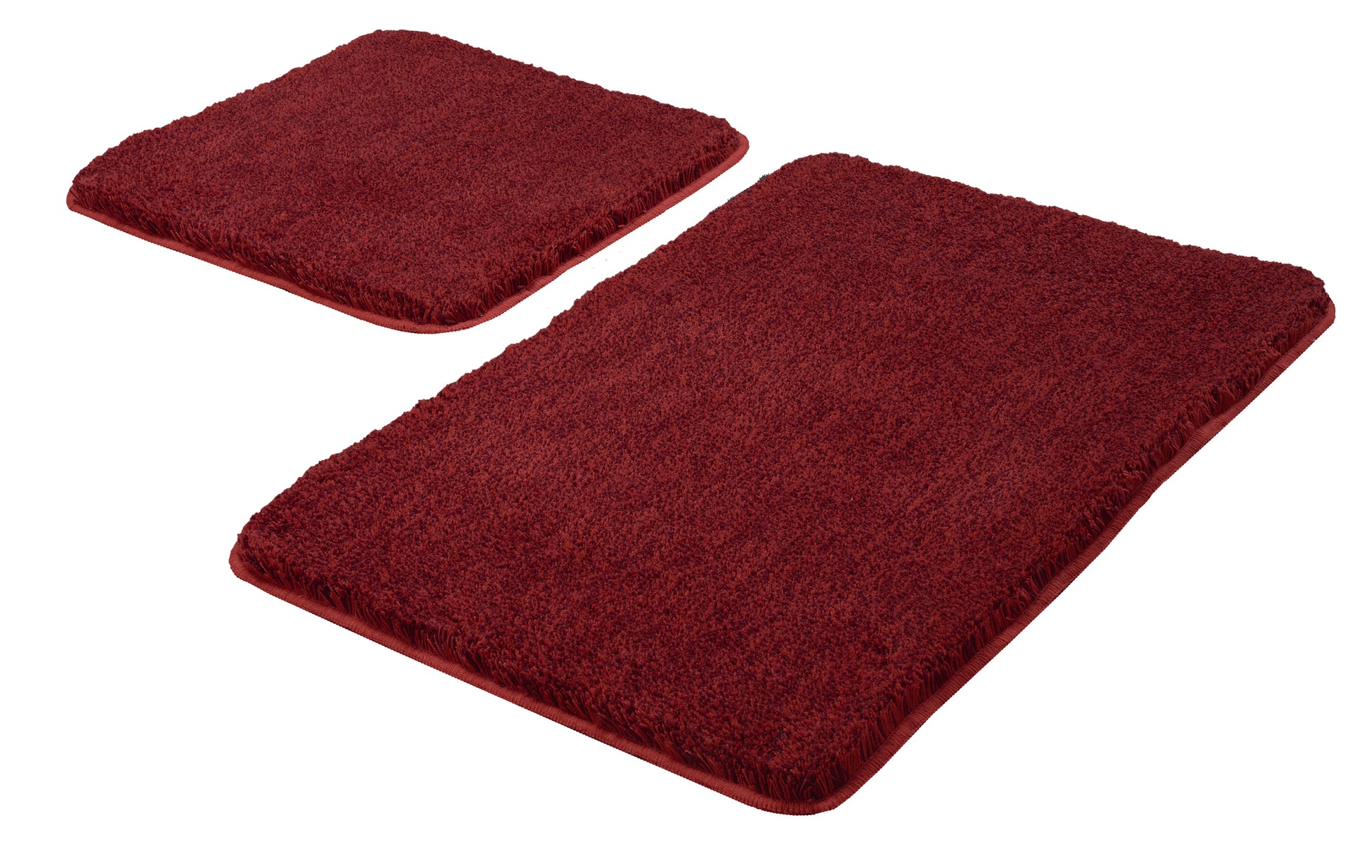 Zweiteiliges rubinrotes Badteppich-Set RELAX mit zwei rechteckigen Badematten in unterschiedlichen Größen.