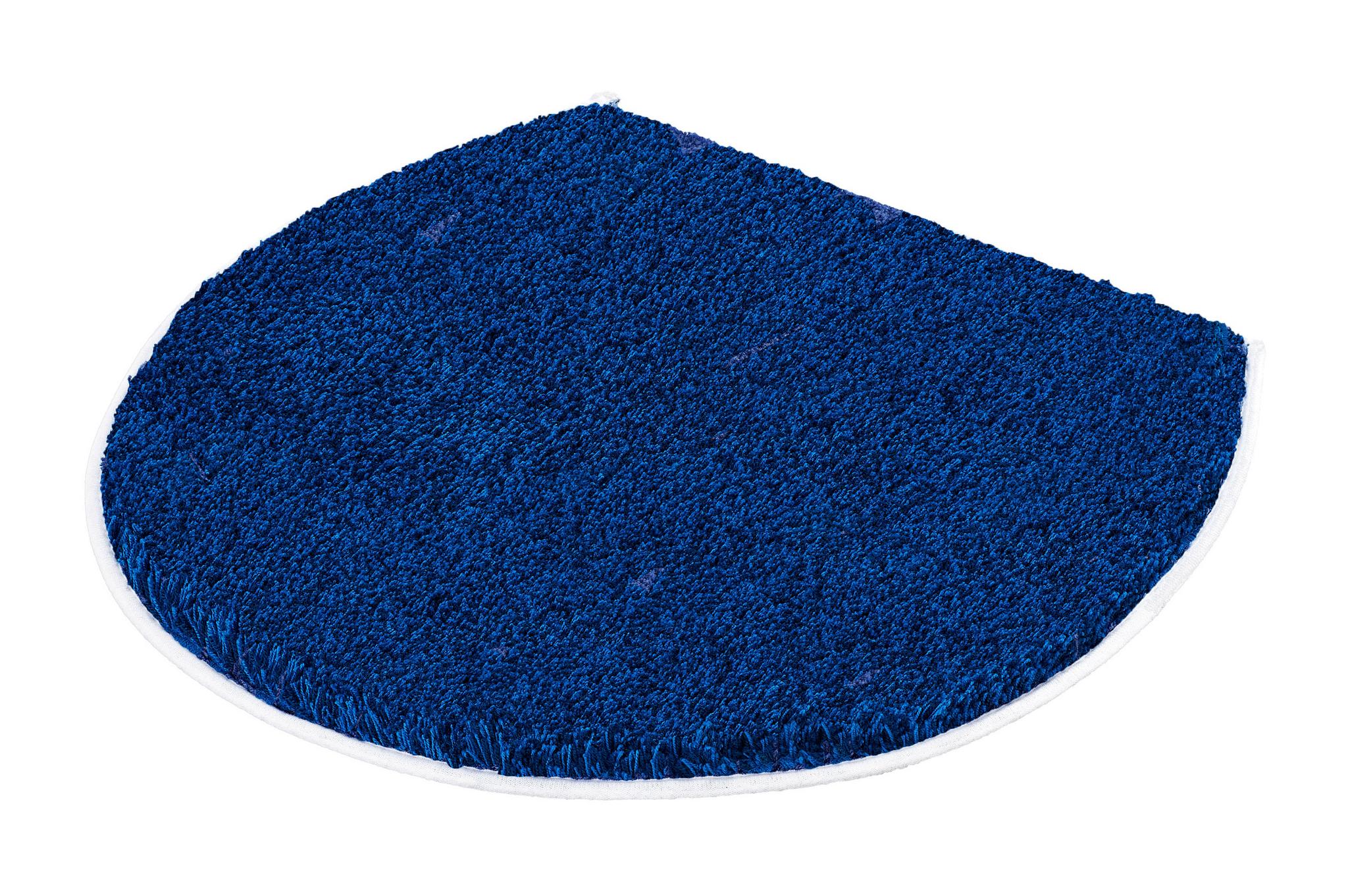 Halbrunder, blauer WC-Vorleger-Teppich aus Hochflor mit weißem Rand