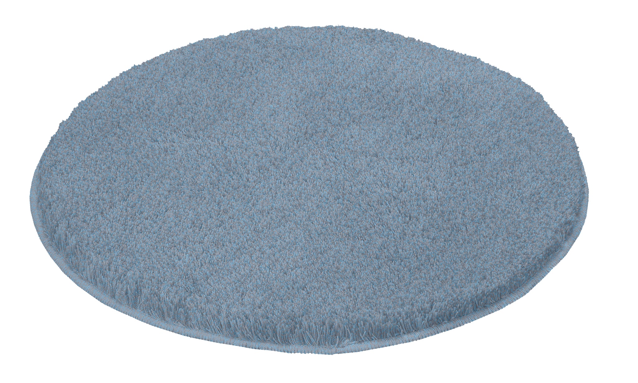 Runder Badteppich RELAX in Stahlblau mit 100 cm Durchmesser liegt flach auf hellem Untergrund.