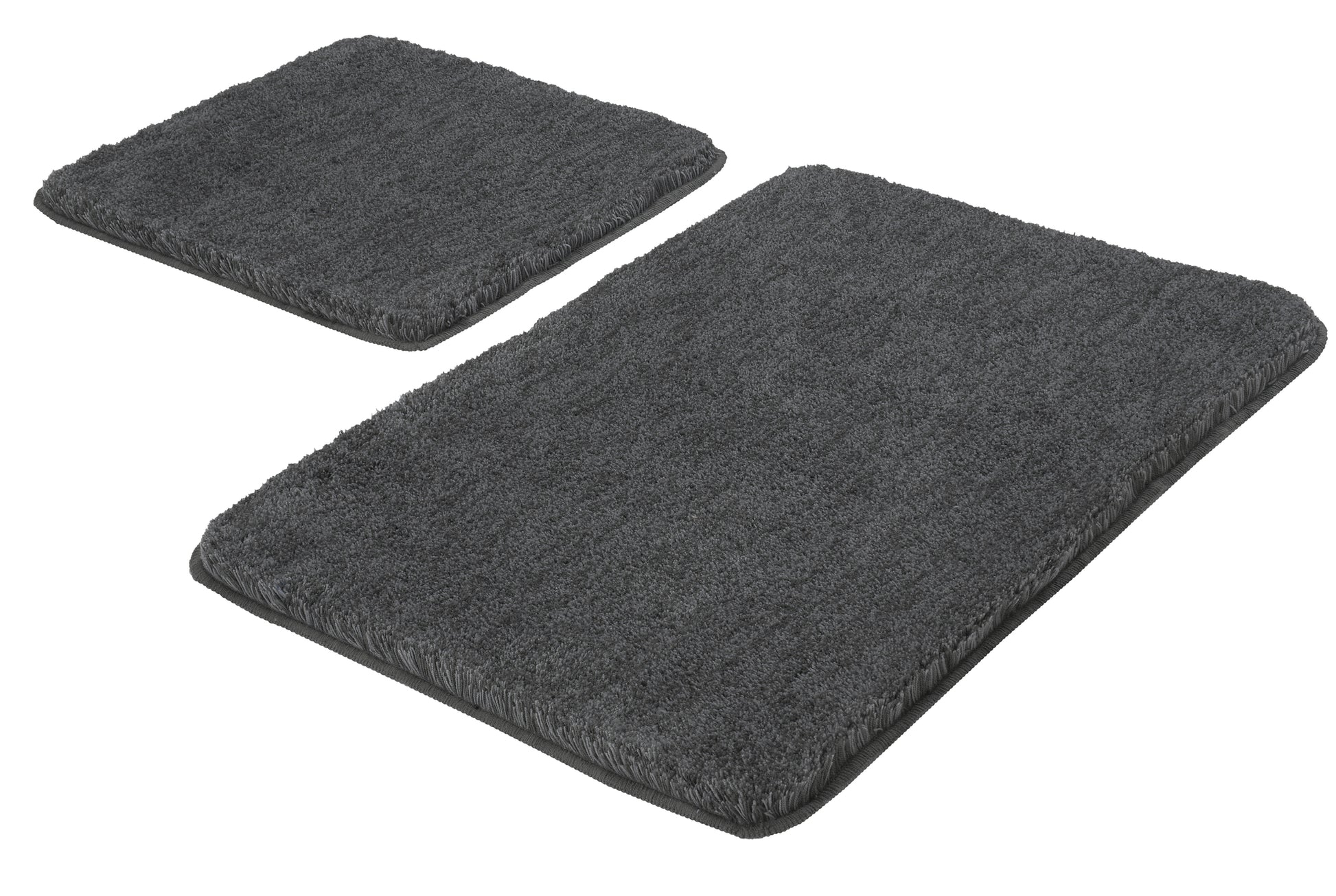 Das Badteppich-Set RELAX Anthrazit mit zwei rechteckigen Teppichen in unterschiedlichen Größen liegt flach.