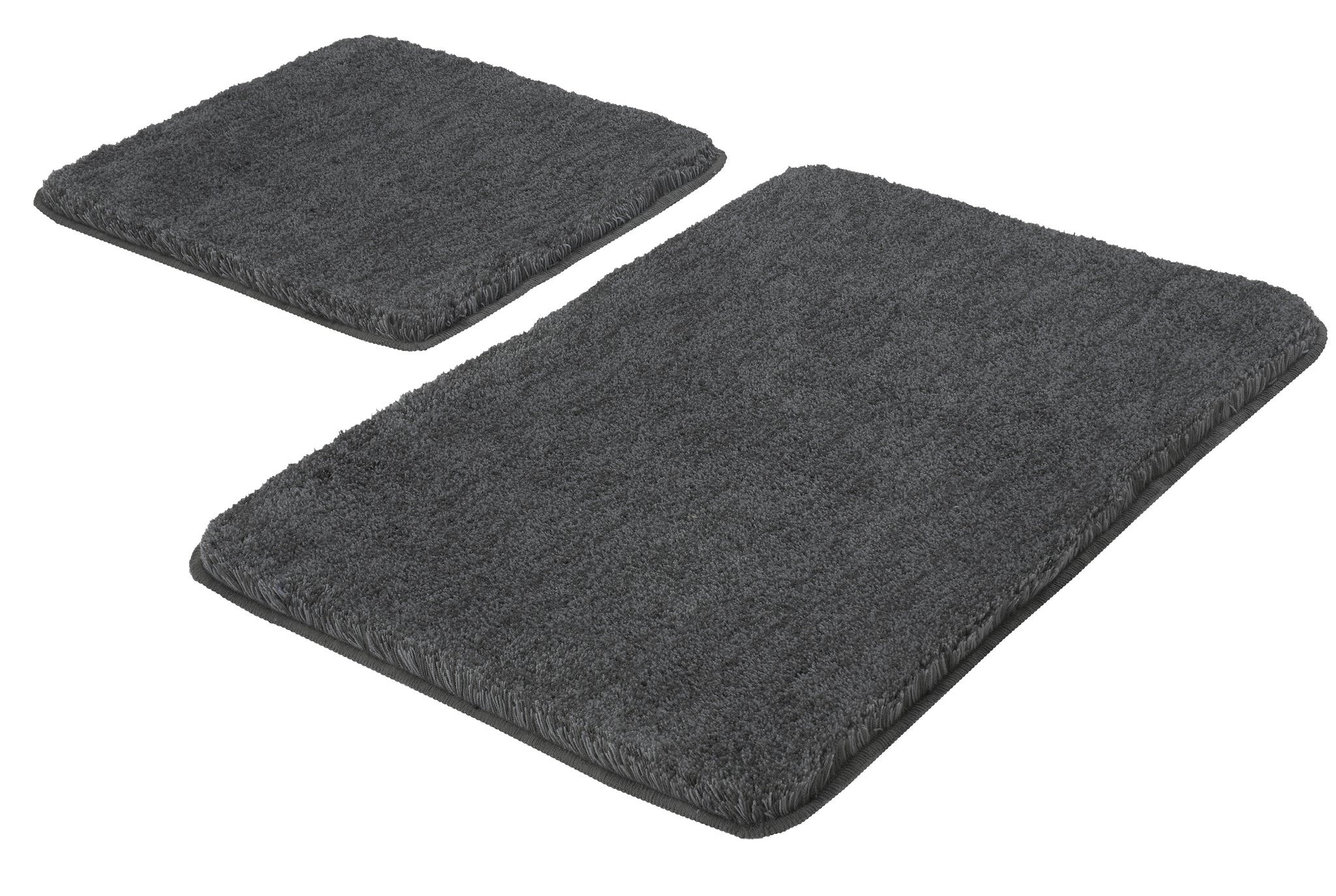 Das Badteppich-Set RELAX Anthrazit mit zwei rechteckigen Teppichen in unterschiedlichen Größen liegt flach.