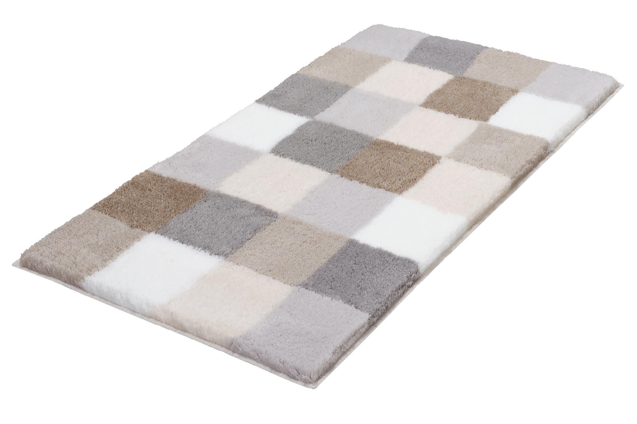 Rechteckige Badematte mit kariertem Muster in Beige, Grau und Weiß