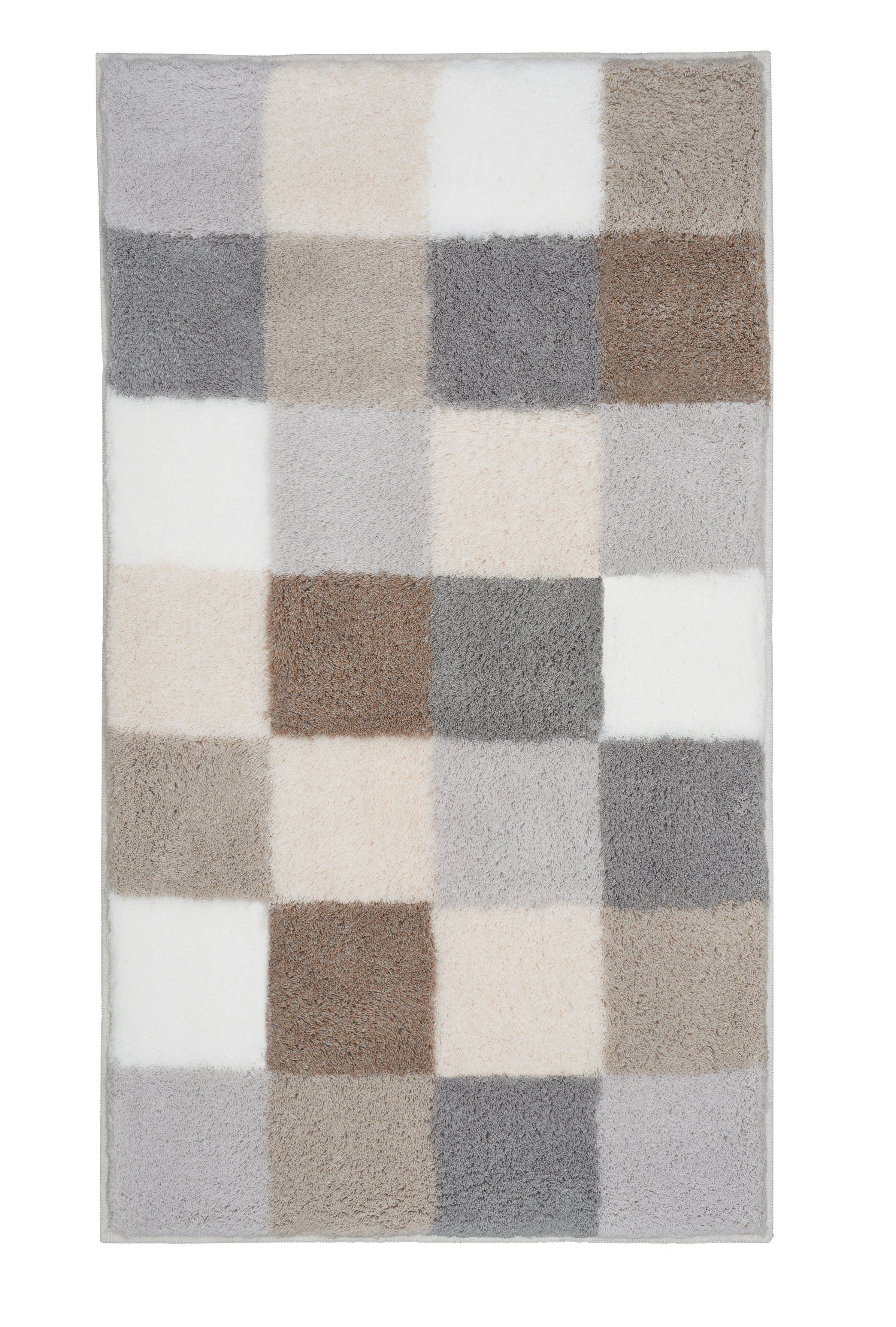 Badteppich CARO kaschmirfarben 60x105 cm zeigt kariertes Muster in Grau, Beige und Weiß.