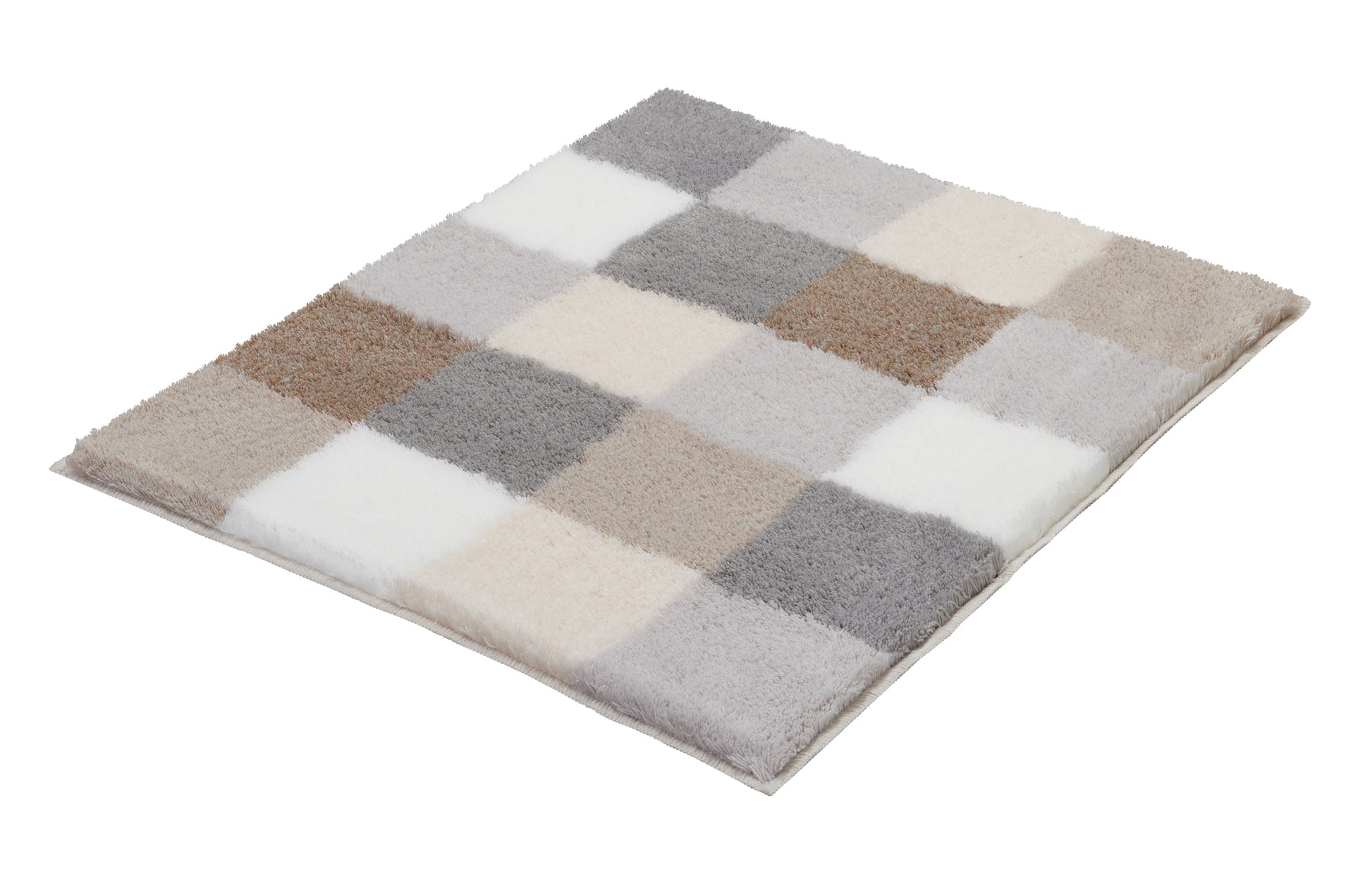 Rechteckiger Badteppich CARO in Kaschmirfarben mit kariertem Muster in 55 x 65 cm liegt flach.