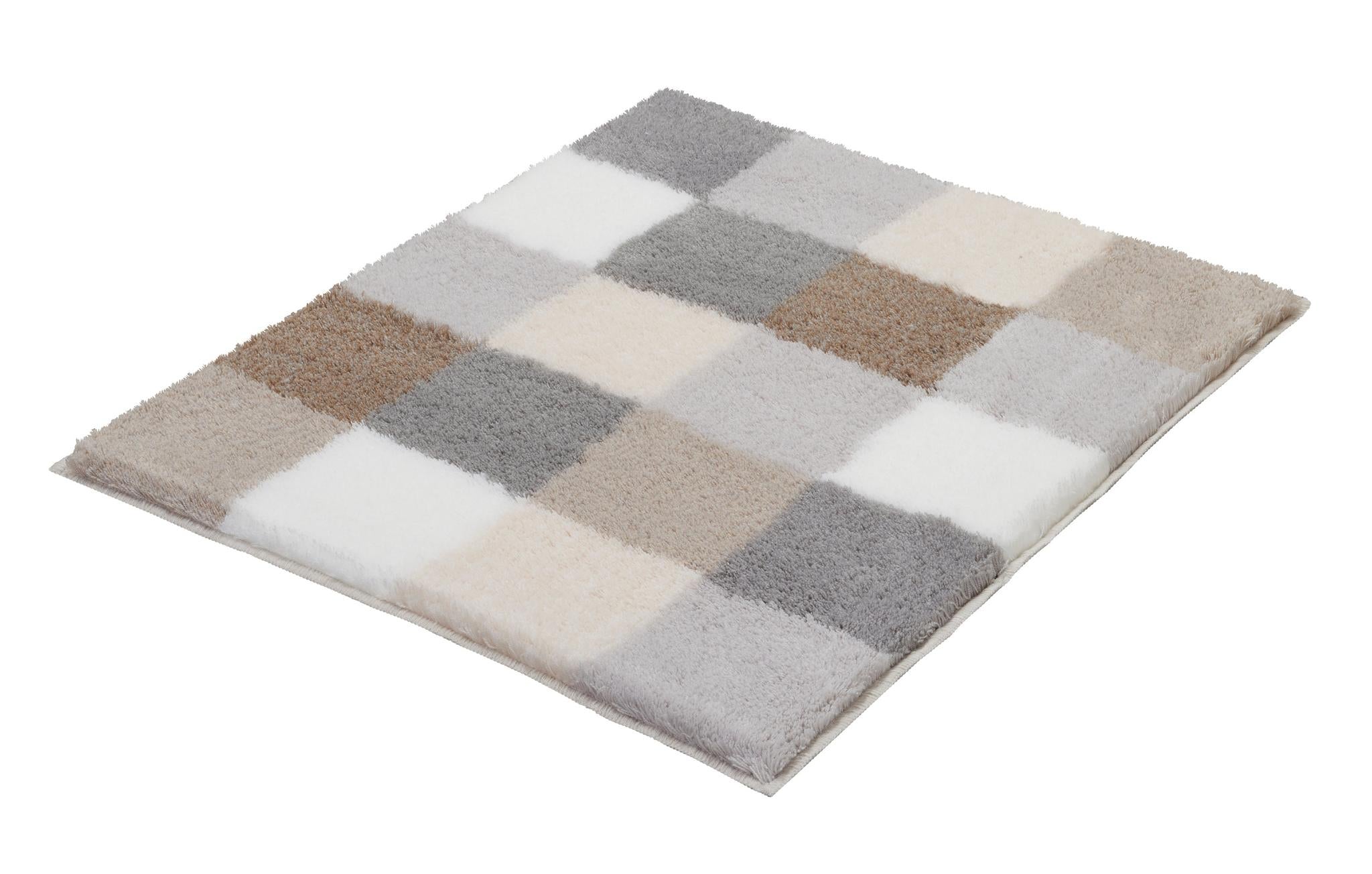 Weicher Badteppich mit kariertem Muster in Beige-, Grau- und Weißtönen