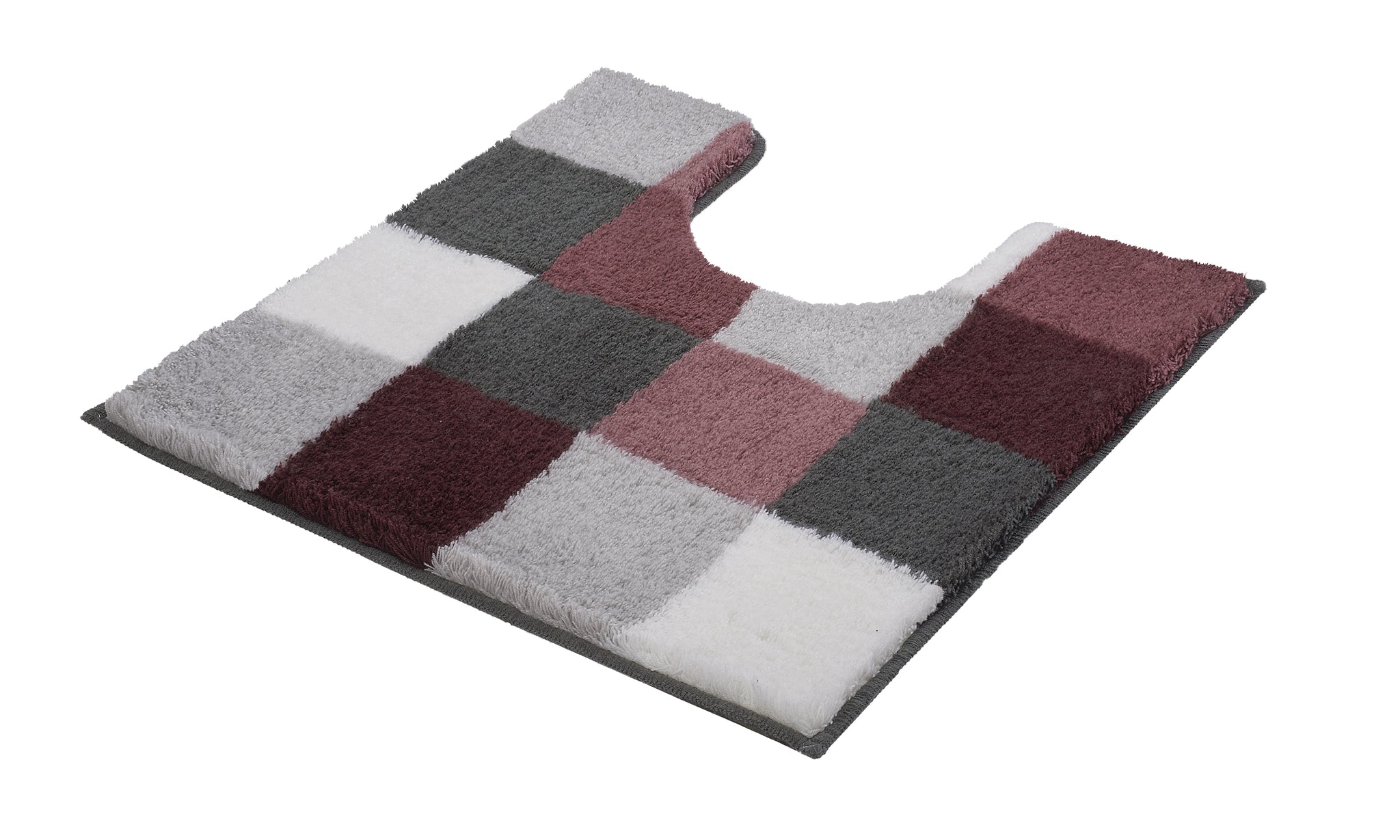 WC-Vorleger CARO Old Rose mit kariertem Muster und Ausschnitt liegt auf dem Boden.