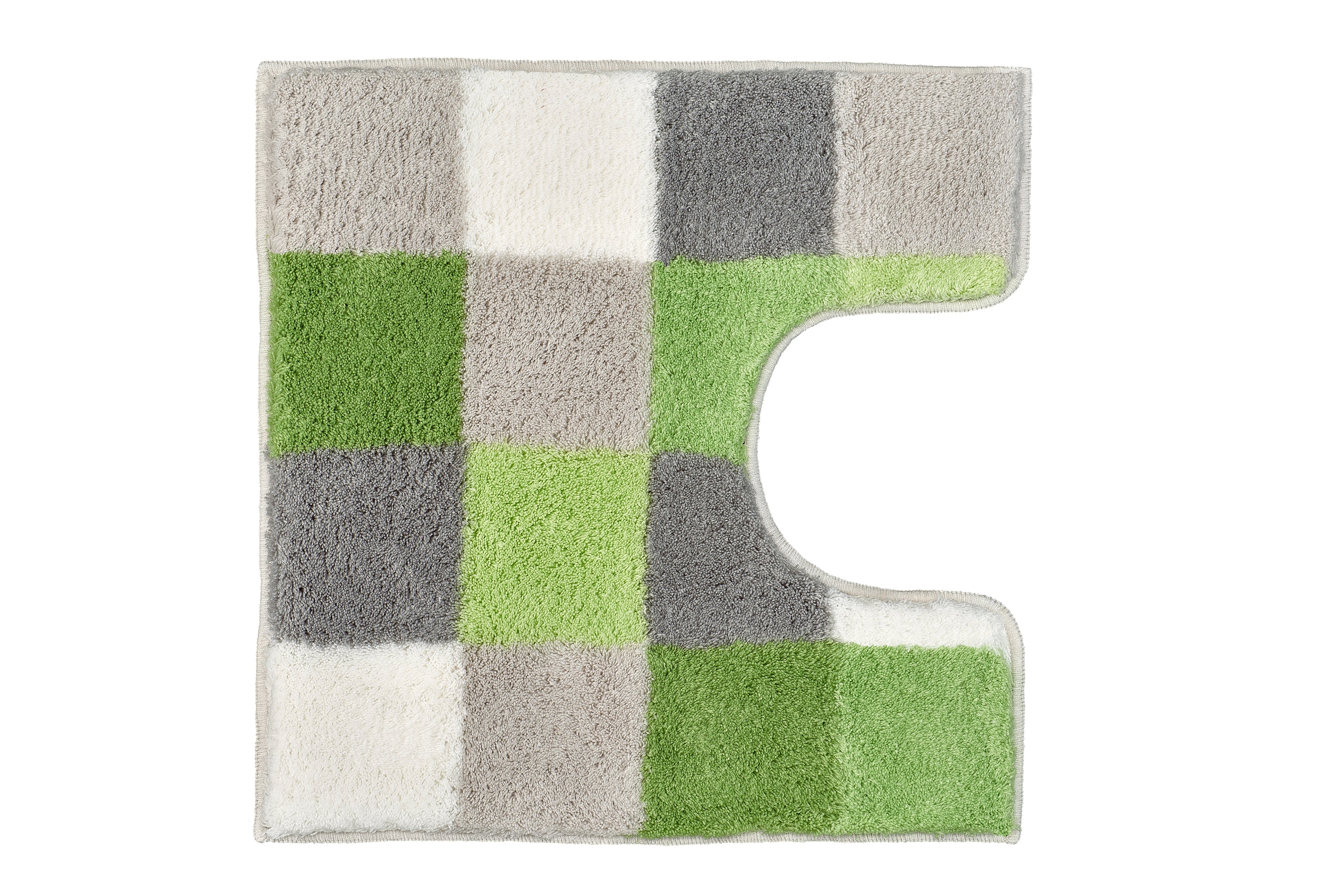 WC-Vorleger CARO Distel 55 x 55 cm mit Ausschnitt in grün-grau-beiger Karomusterung von oben.