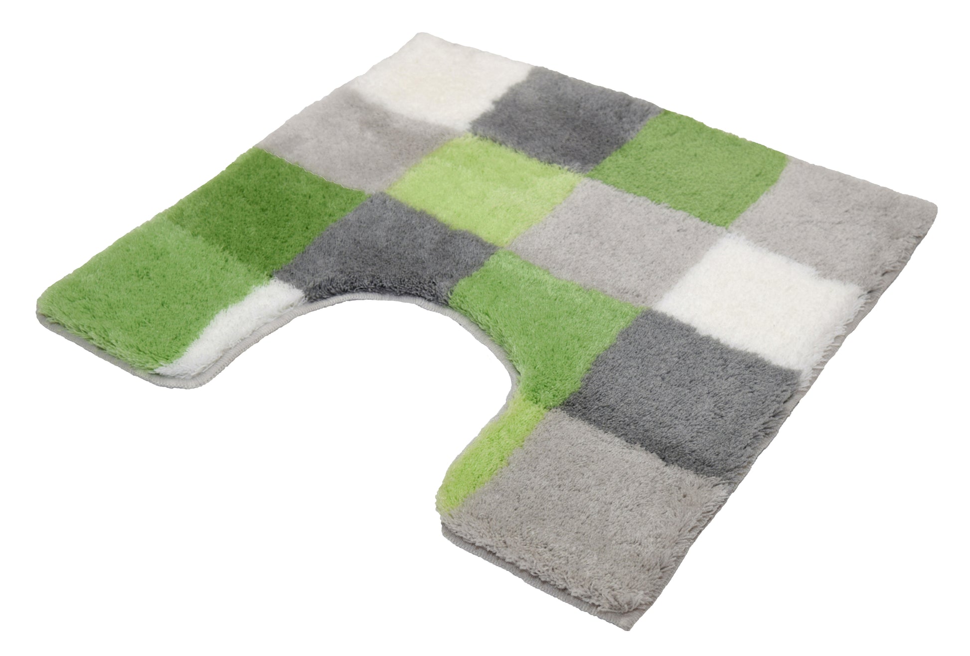 WC-Vorleger CARO Distel 55 x 55 cm mit Ausschnitt in grün-grau-weißer Karomusterung liegt auf dem Boden.