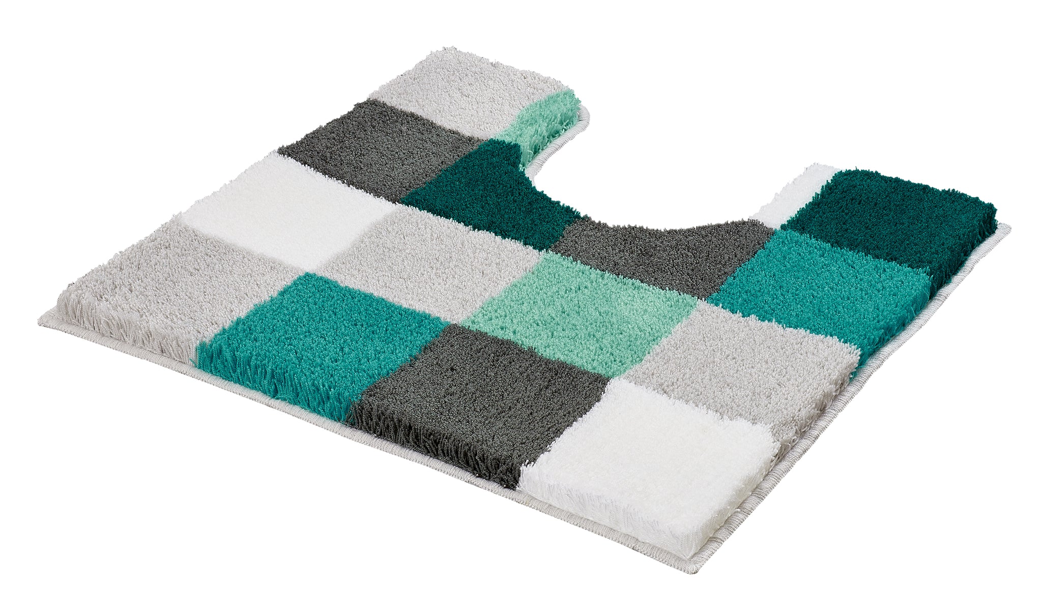 WC-Vorleger CARO Petrol 55 x 55 cm mit Ausschnitt zeigt ein kariertes Badteppich-Design in Petrol und Grau.