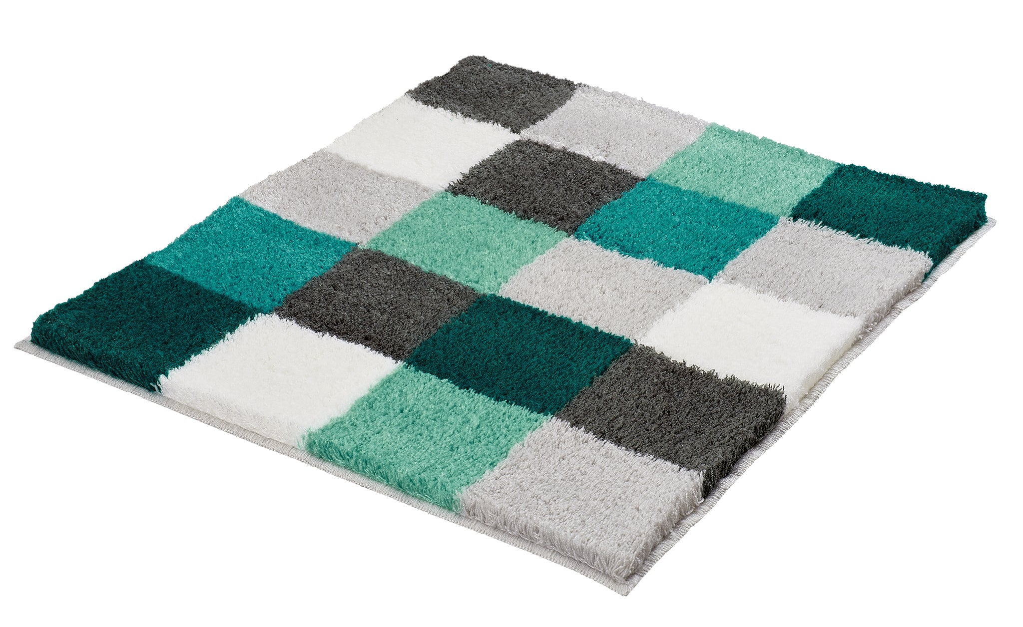 Badteppich CARO Petrol 55 x 65 cm liegt flach mit kariertem Muster in Petrol, Grau, Weiß und Grün.