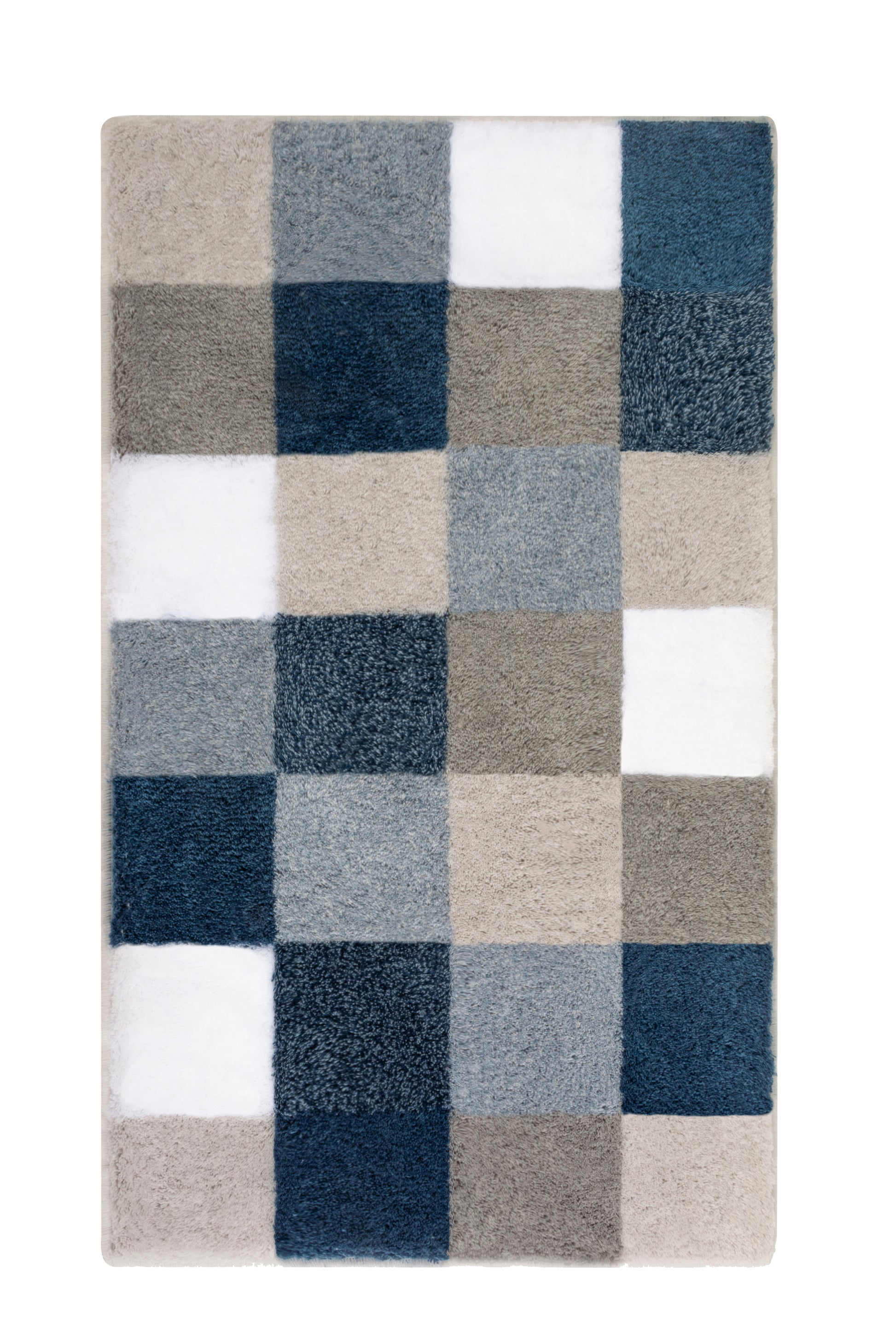 Badteppich CARO Mare 60 x 105 cm zeigt kariertes Muster in Blau, Grau und Weiß.