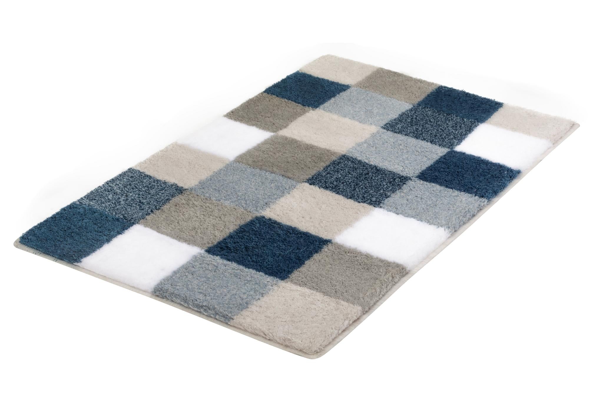 Rechteckiger Badteppich mit kariertem Muster in Blau, Grau, Beige