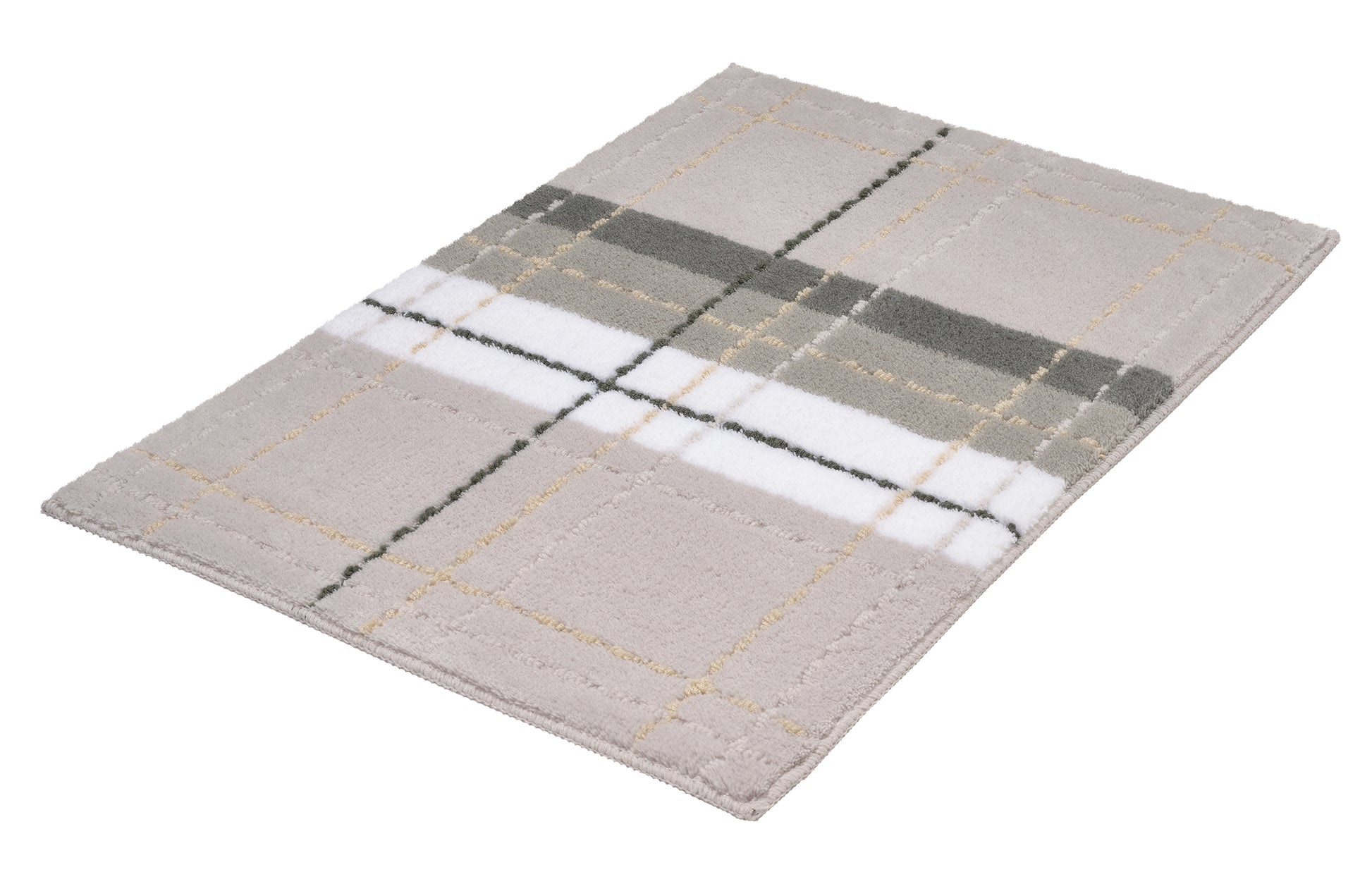 Rechteckige beige Badematte mit kariertem Muster und Streifen in Grau