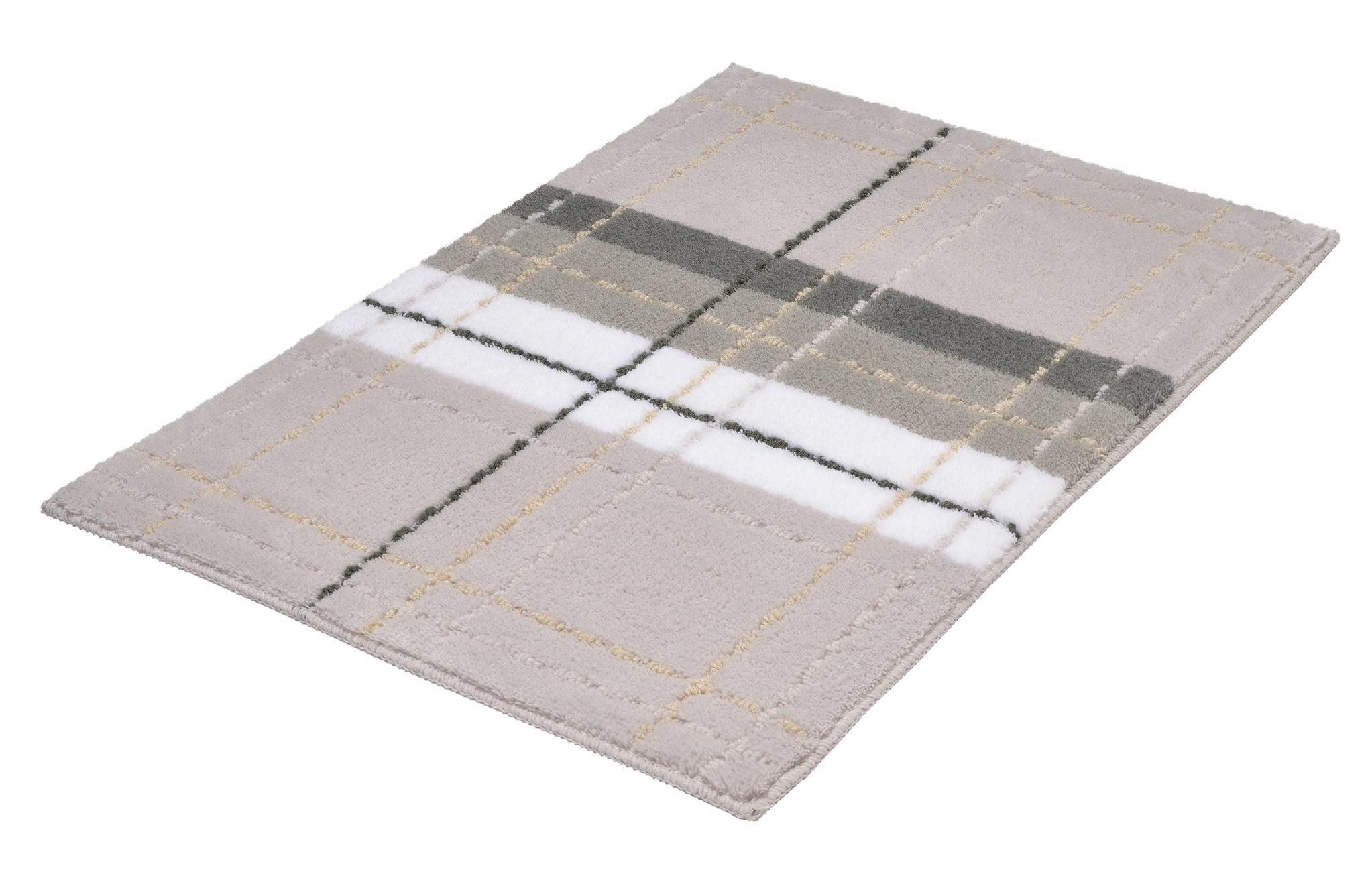 Rechteckige beige Badematte mit kariertem Muster und Streifen in Grau