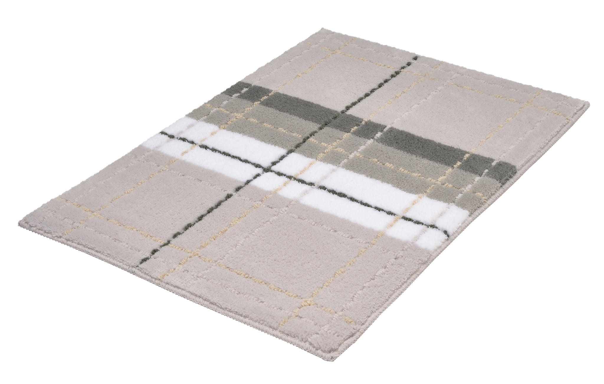 Rechteckige beige Badematte mit kariertem Muster und Streifen in Grau