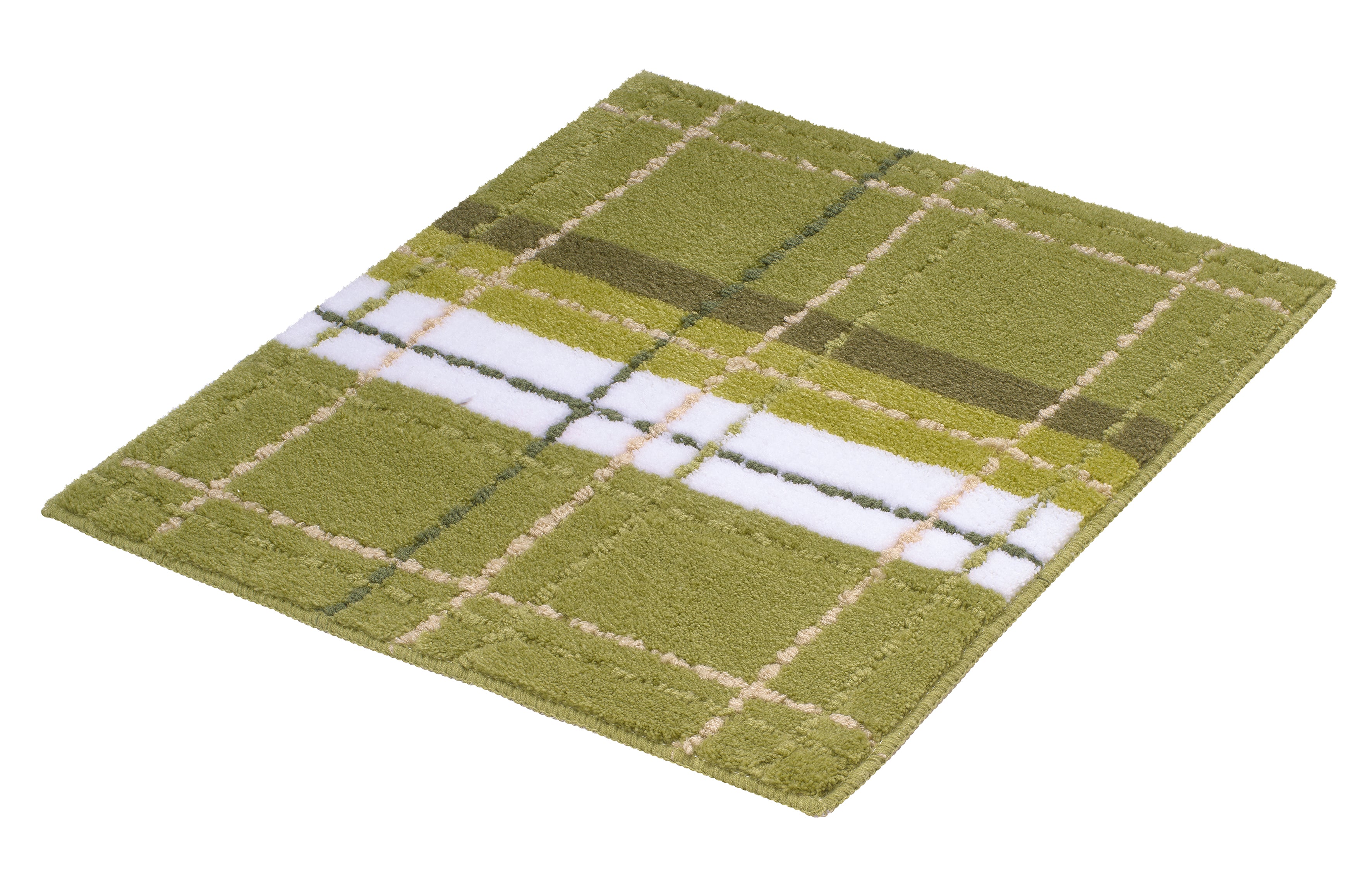 Grüne Badematte mit kariertem Muster in Weiß, Beige und Olivgrün Tönen