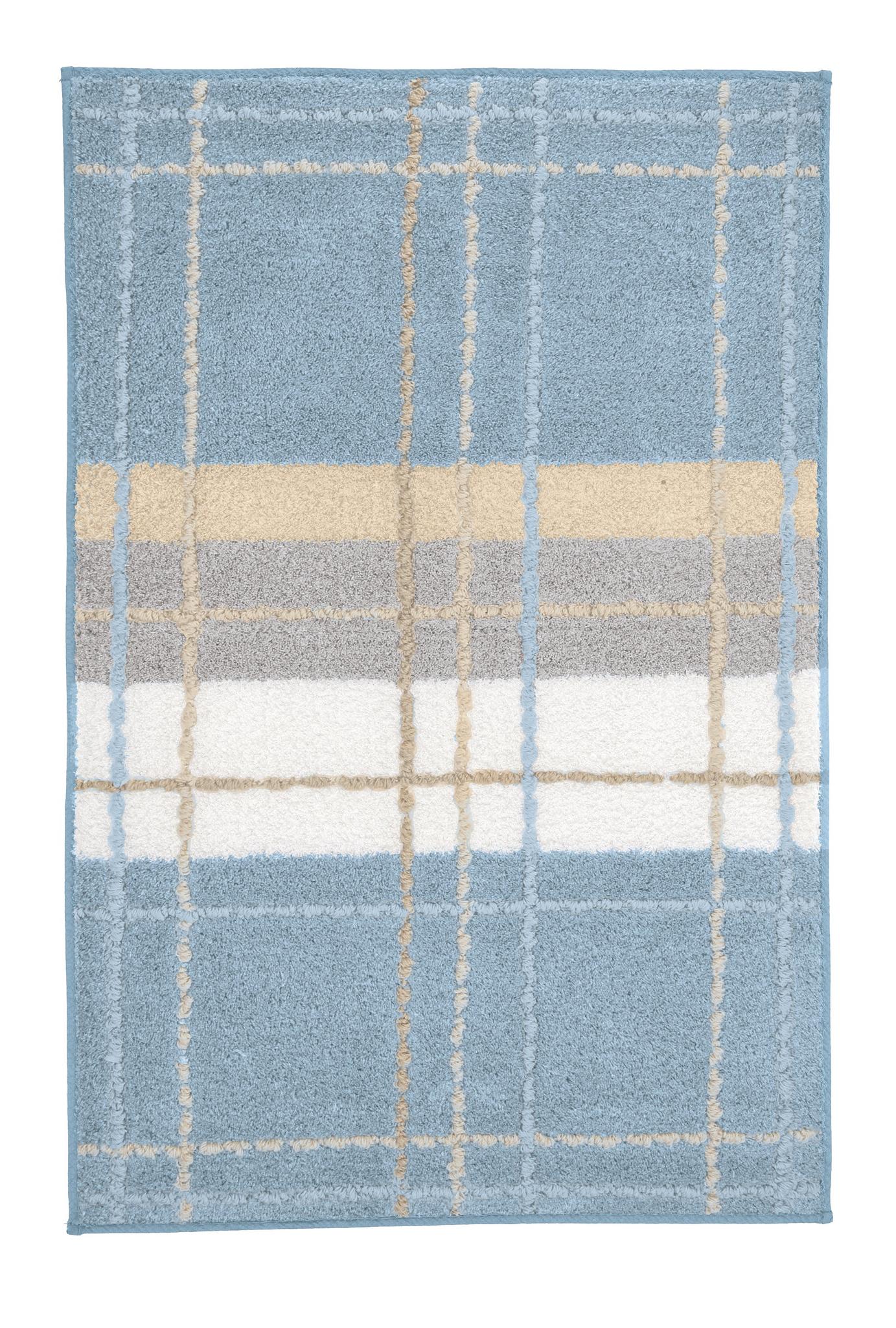 Blauer Badteppich mit kariertem Muster in Beige, Weiß und Grau