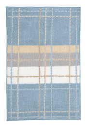Blauer Badteppich mit kariertem Muster in Beige, Weiß und Grau