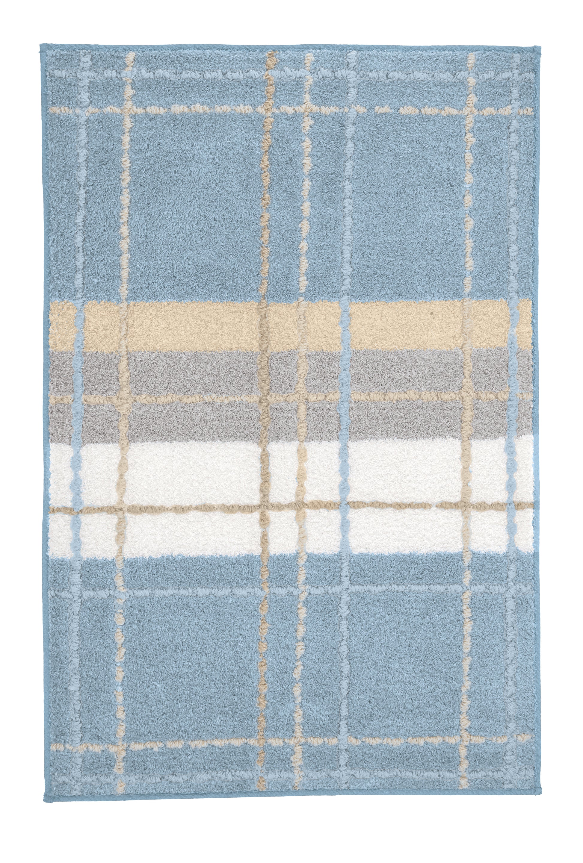 Blauer Badteppich mit kariertem Muster in Beige, Weiß und Grau