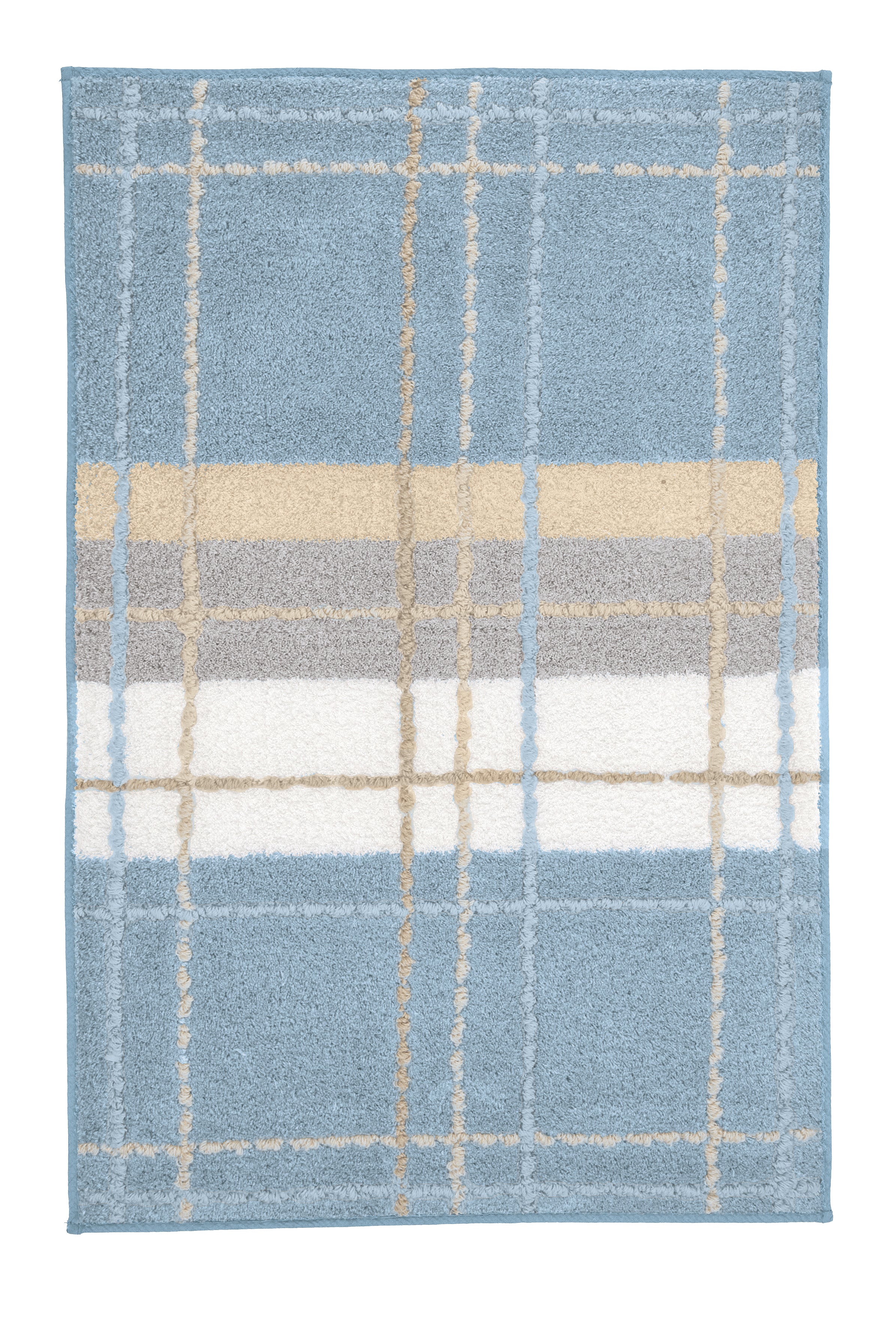 Blauer Badteppich mit kariertem Muster in Beige, Weiß und Grau