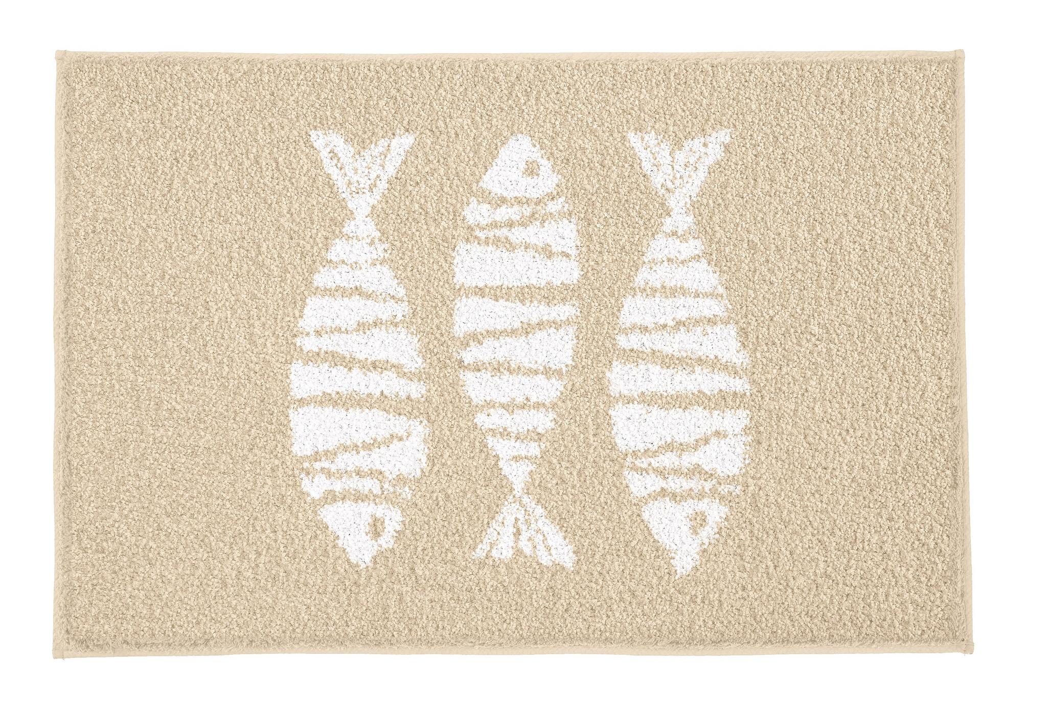Beiger Badteppich mit drei weißen, stilisierten Fischmotiven darauf