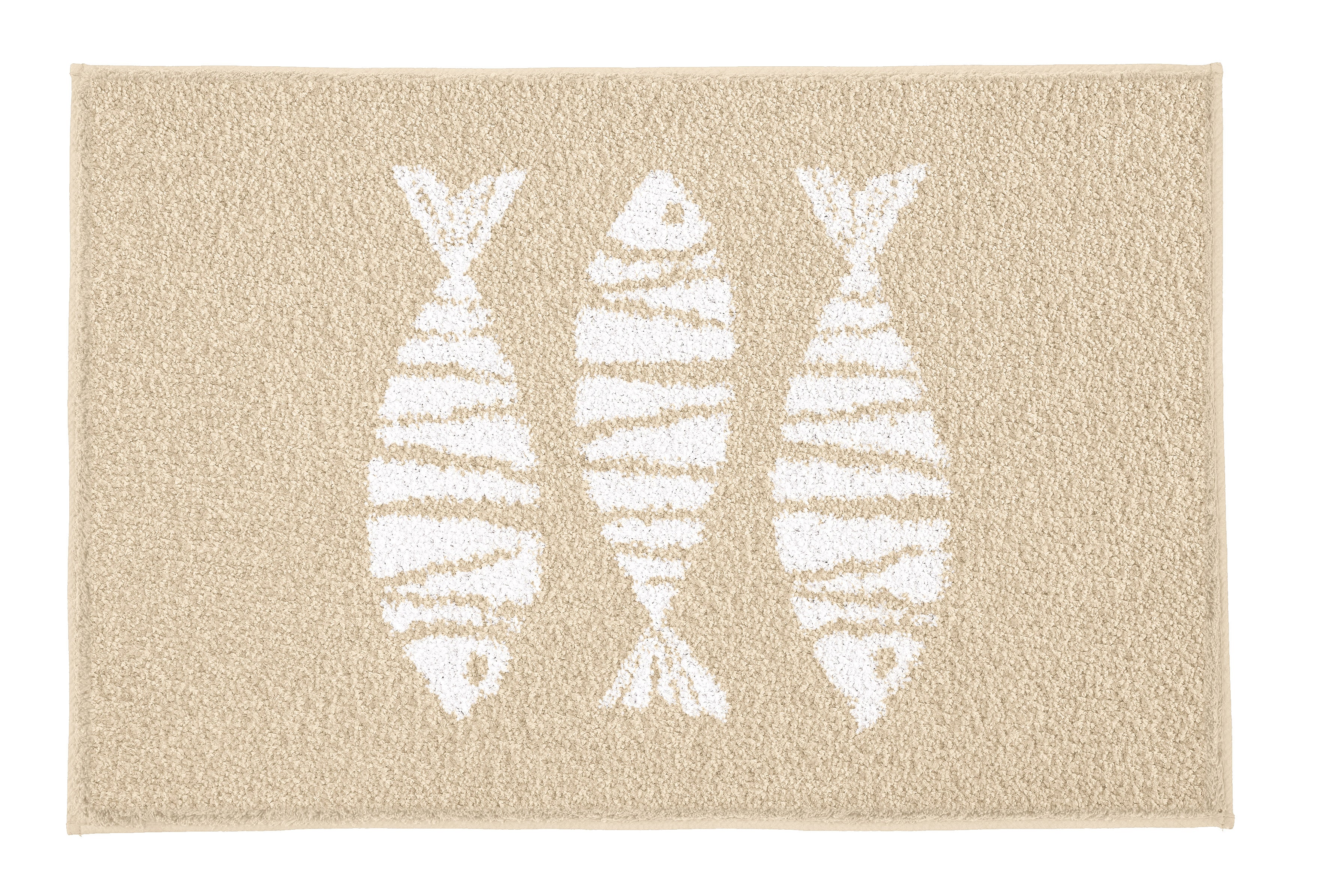 Beiger Badteppich mit drei weißen, stilisierten Fischmotiven darauf