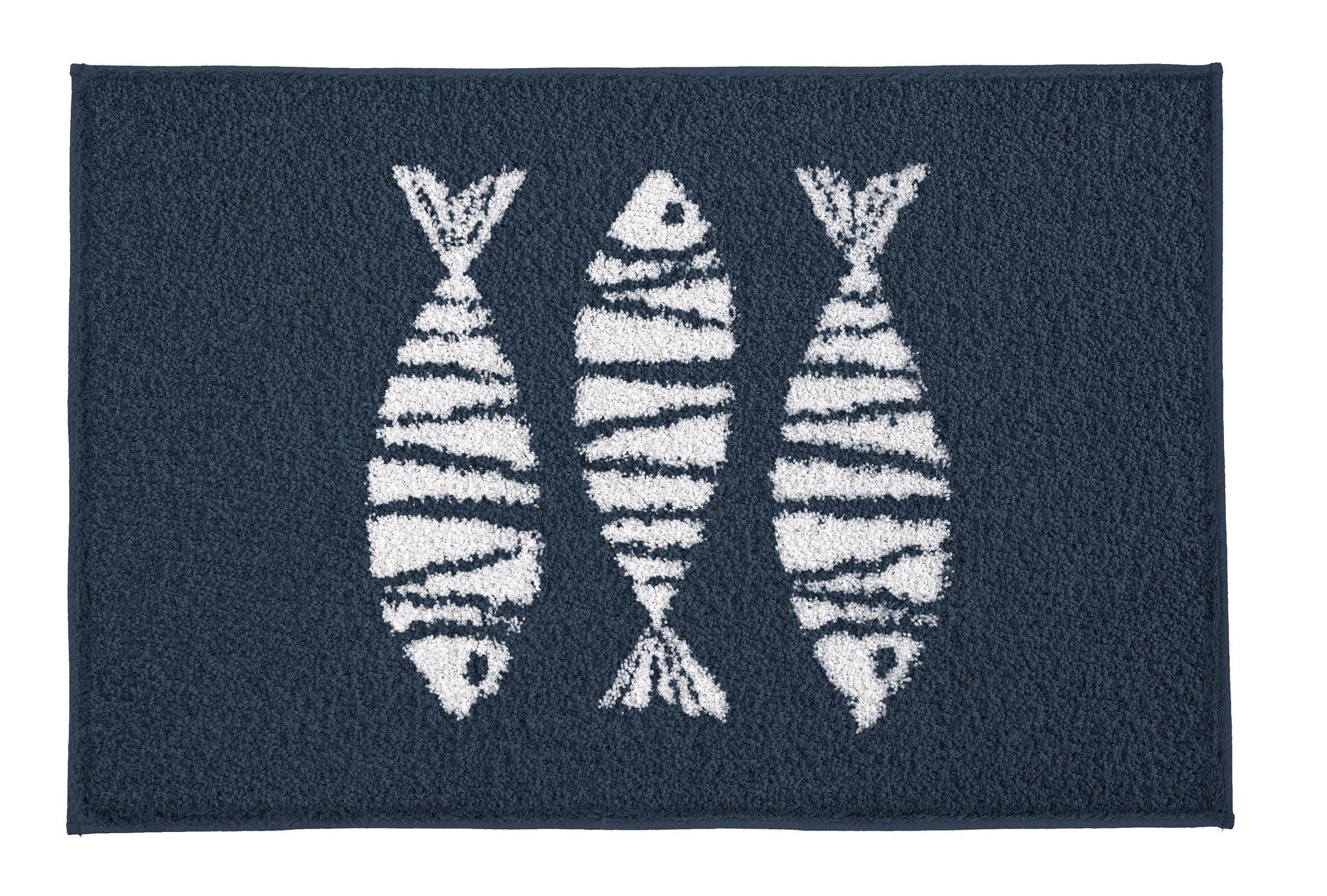 Dunkelblaue Badematte mit drei weißen, gestreiften Fischmotiven