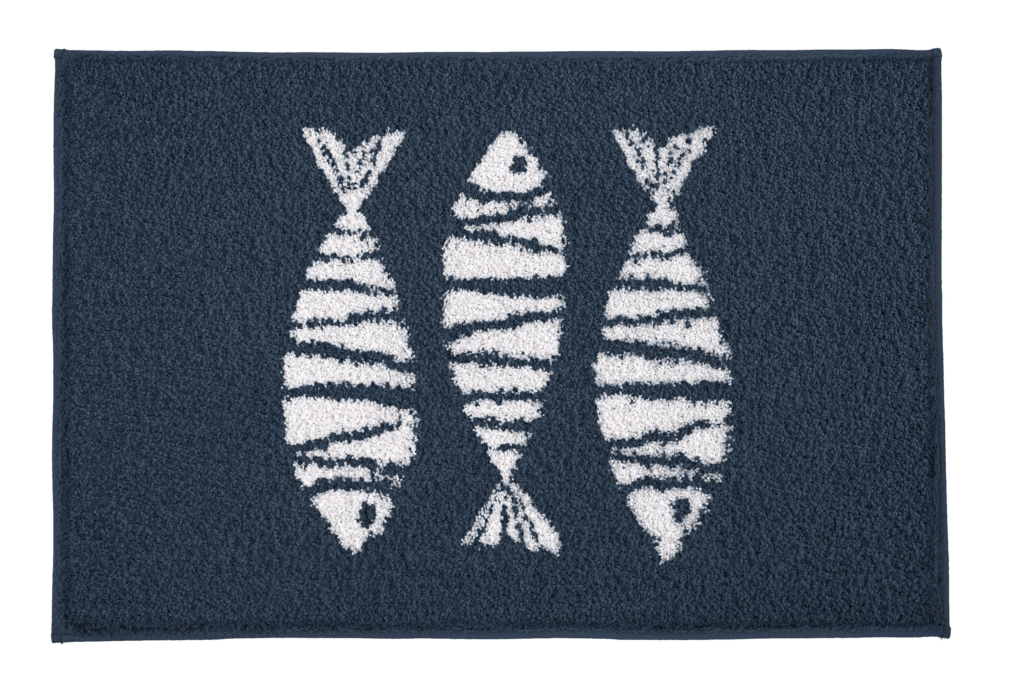 Dunkelblaue Badematte mit drei weißen, gestreiften Fischmotiven