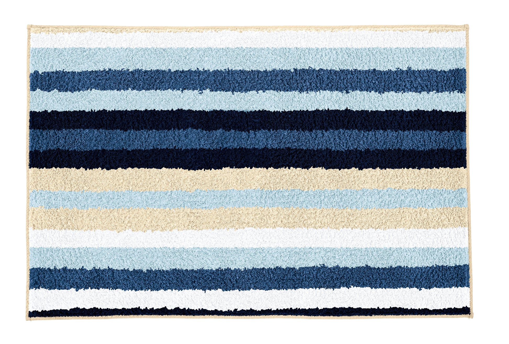 Rechteckige Badematte mit breiten Streifen in Blau, Beige und Weiß