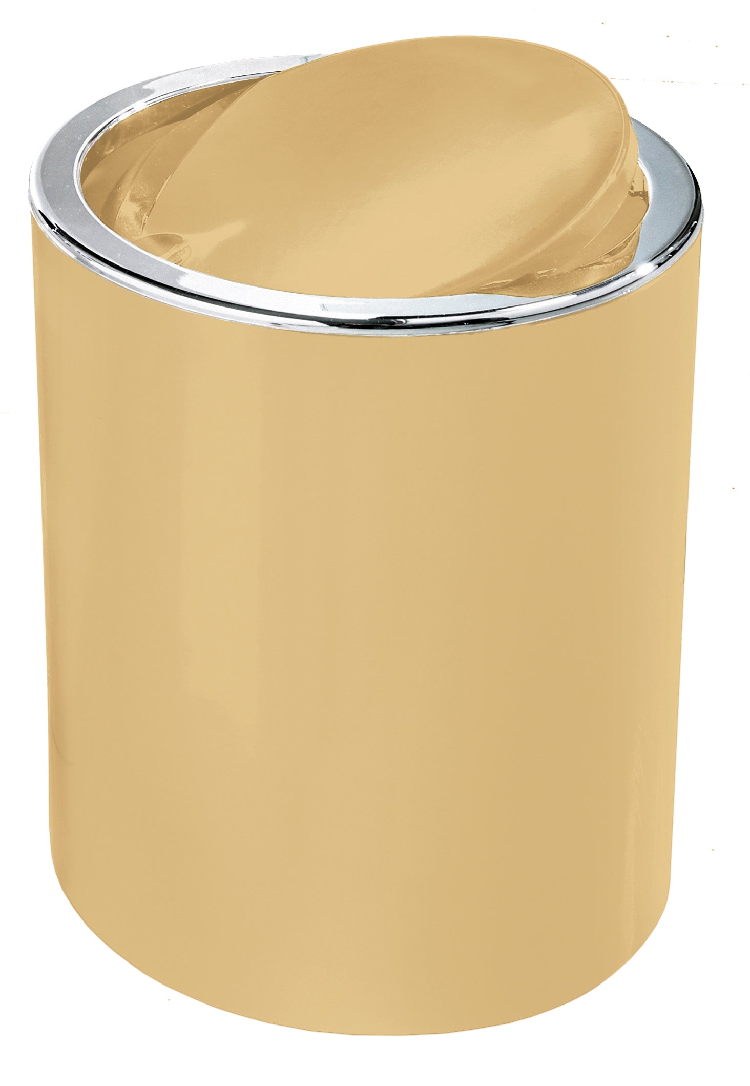 Kosmetikeimer CLAP Solaris 5 Liter steht mit halb geöffnetem Deckel und Chromrand vor weißem Hintergrund.