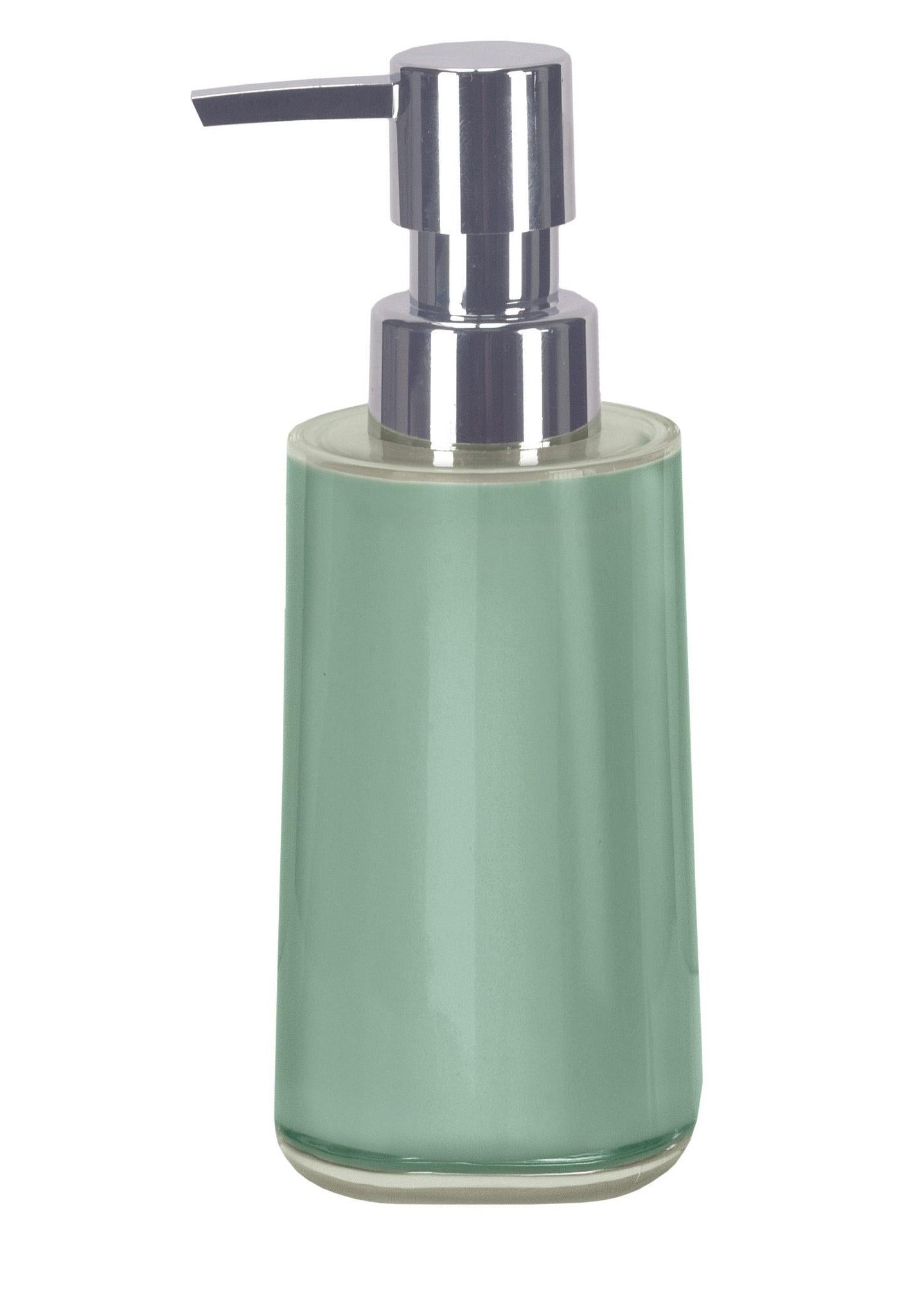 Grüner Seifenspender aus Glas mit silbernem Pumpkopf in modernem Design
