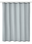 Grauer Duschvorhang aus Stoff mit Ösen an oberer Stange aufgehängt