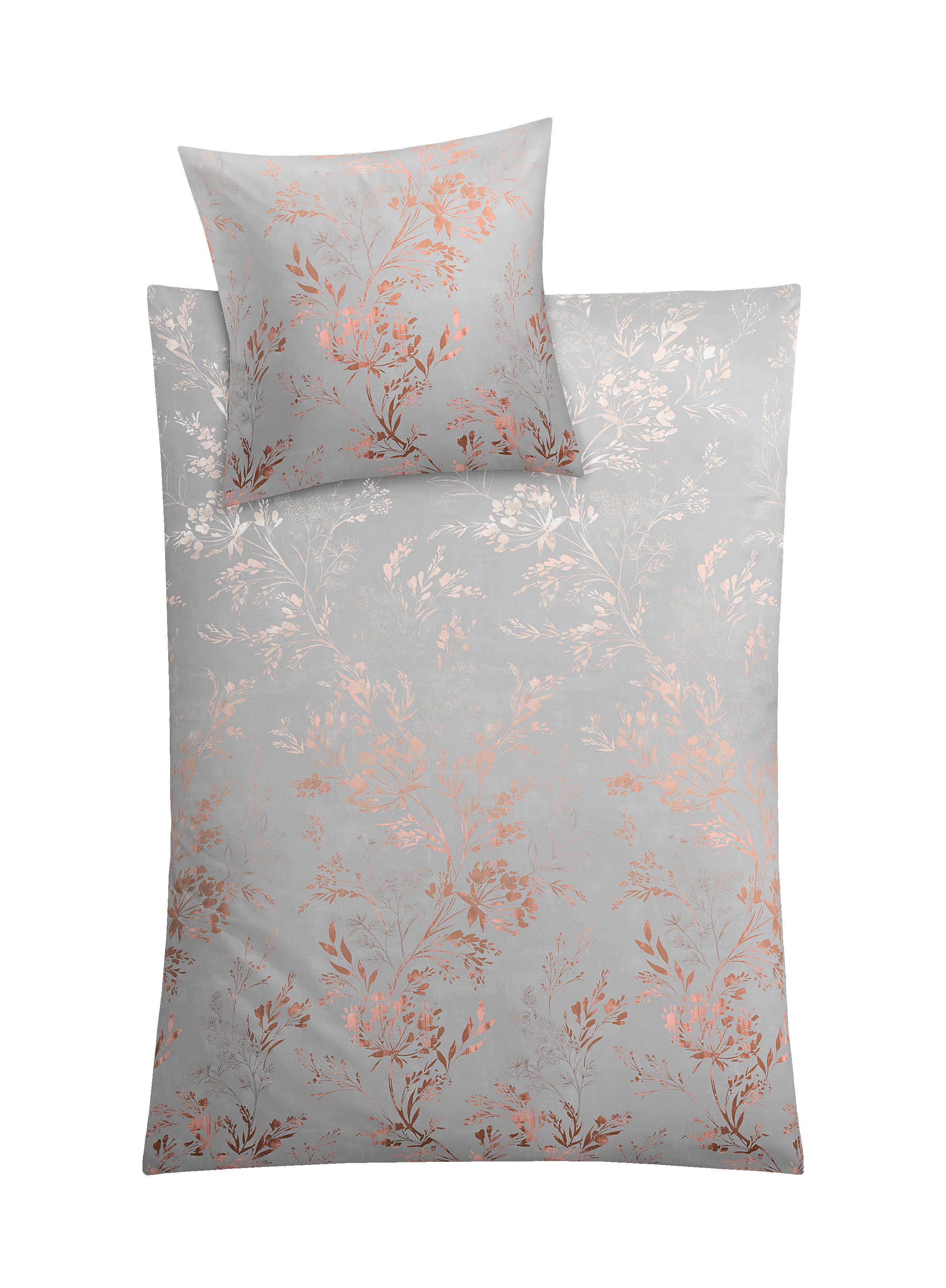 Graues Bettwäsche-Set aus Kissen und Decke mit roségoldenem Blumenmuster