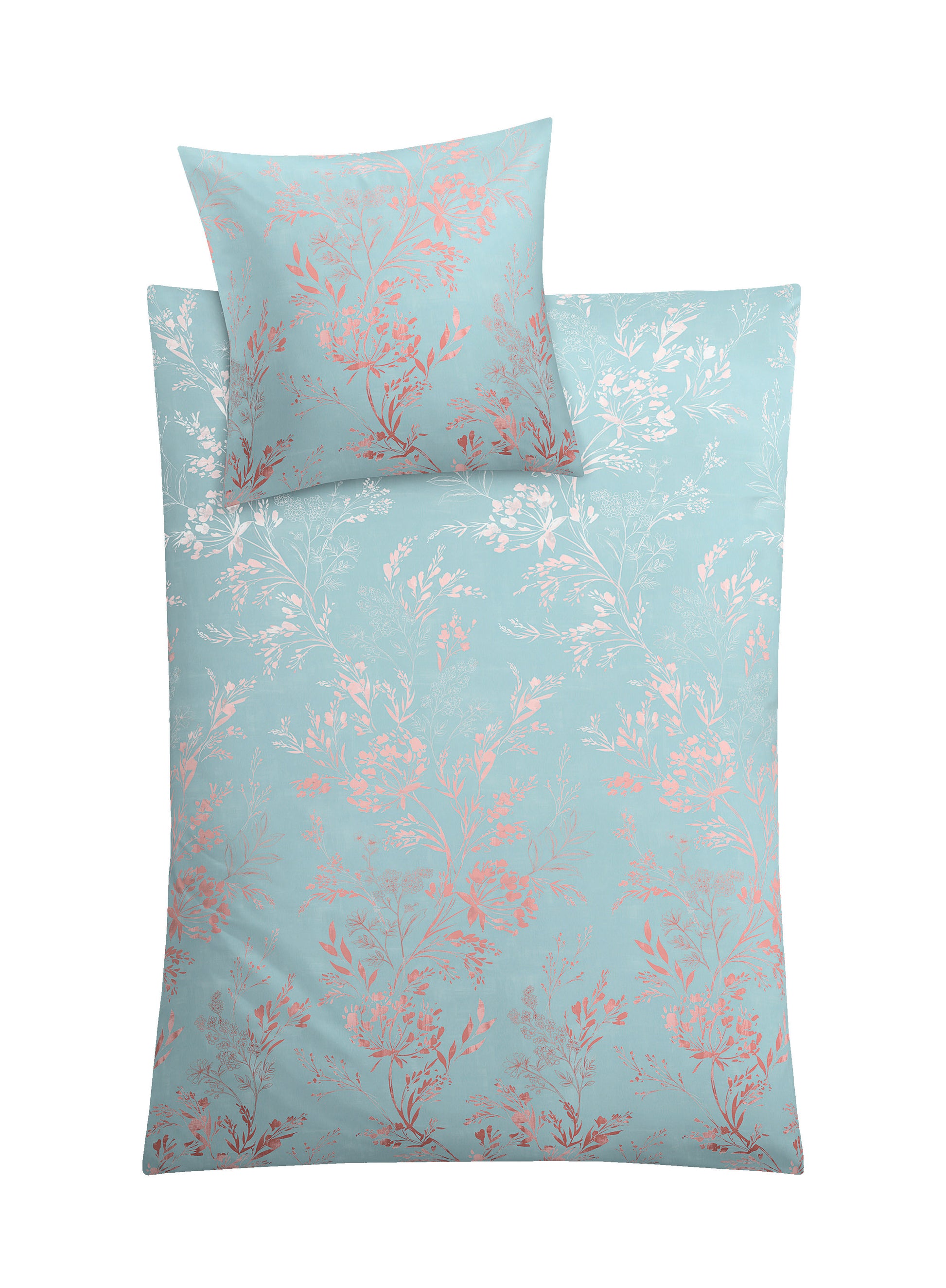 Bettwäsche-Set in Türkis mit rosa Blumenmuster und passendem Kissenbezug