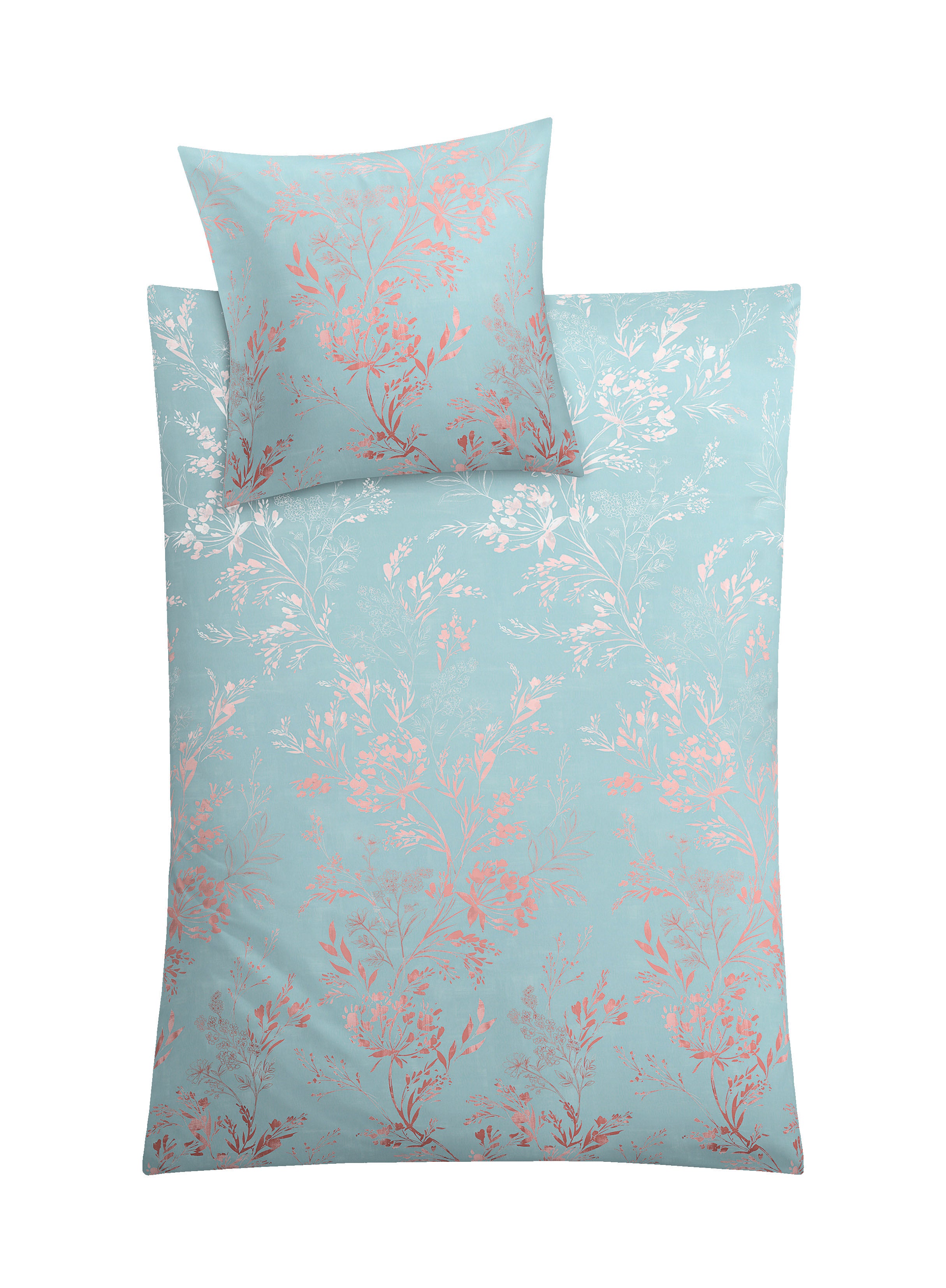 Bettwäsche-Set in Türkis mit rosa Blumenmuster und passendem Kissenbezug