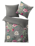 Graue Bettwäsche-Garnitur mit buntem Blumenmuster, Decke und Kissen