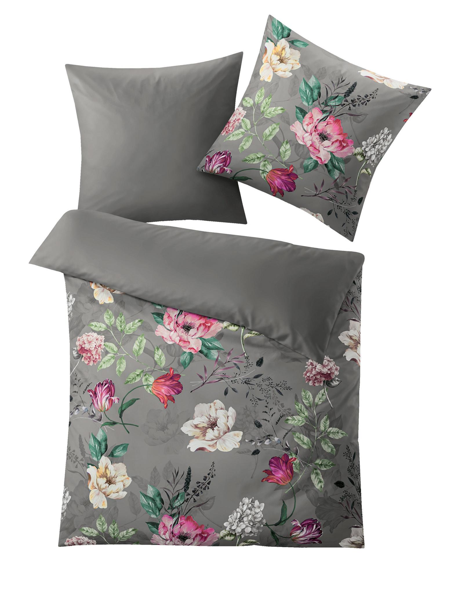 Graue Bettwäsche-Garnitur mit buntem Blumenmuster, Decke und Kissen