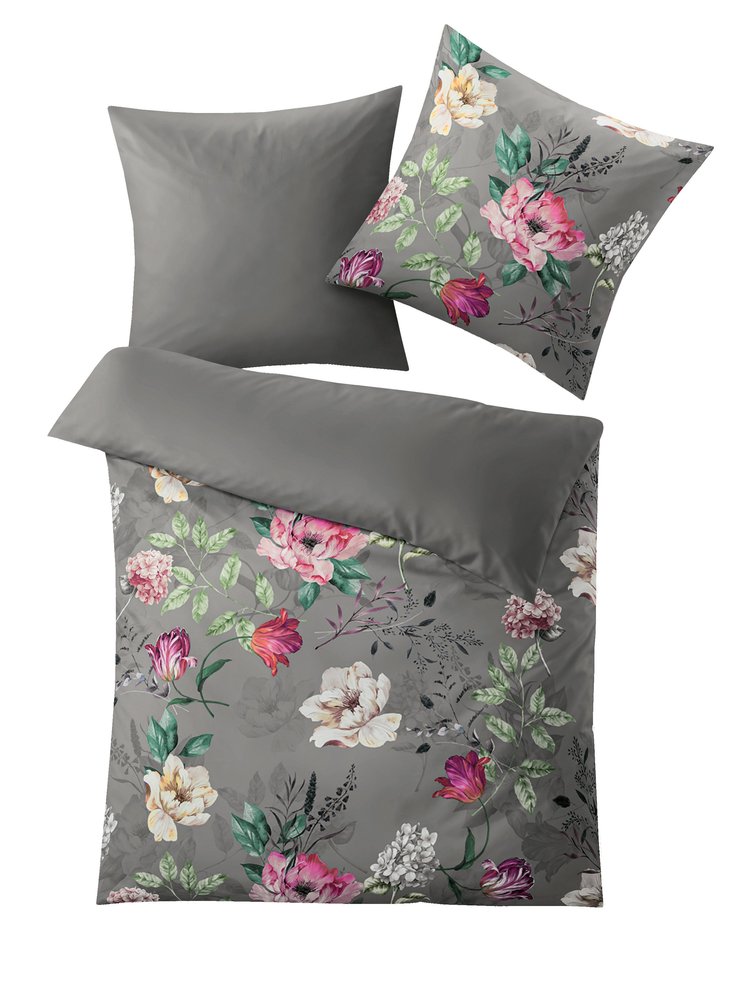 Bettwäsche Satin VINCENZA Basalt mit Blumenmuster in Grau, Set 135x200 und 80x80 cm liegt ausgebreitet.
