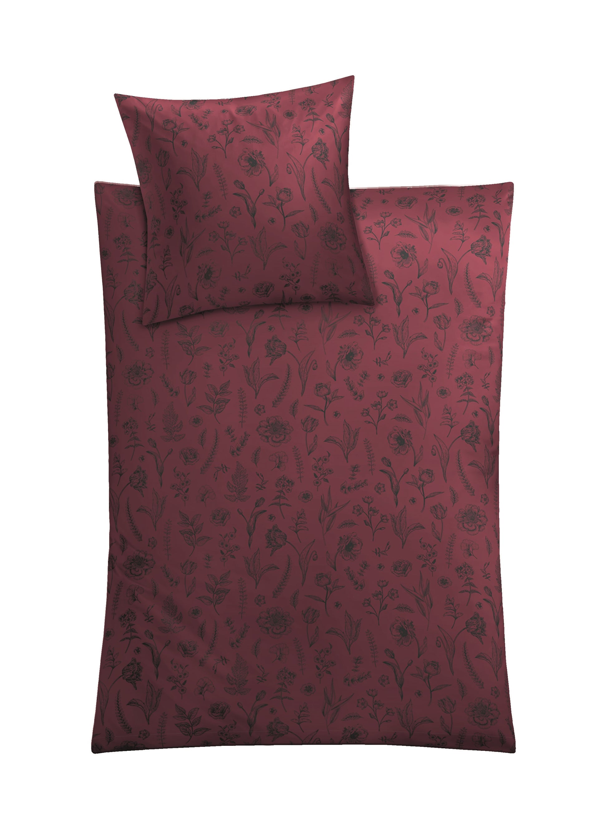 Rote Bettwäsche Satin LISSE mit Blumenmuster bestehend aus Deckenbezug und Kissenbezug.