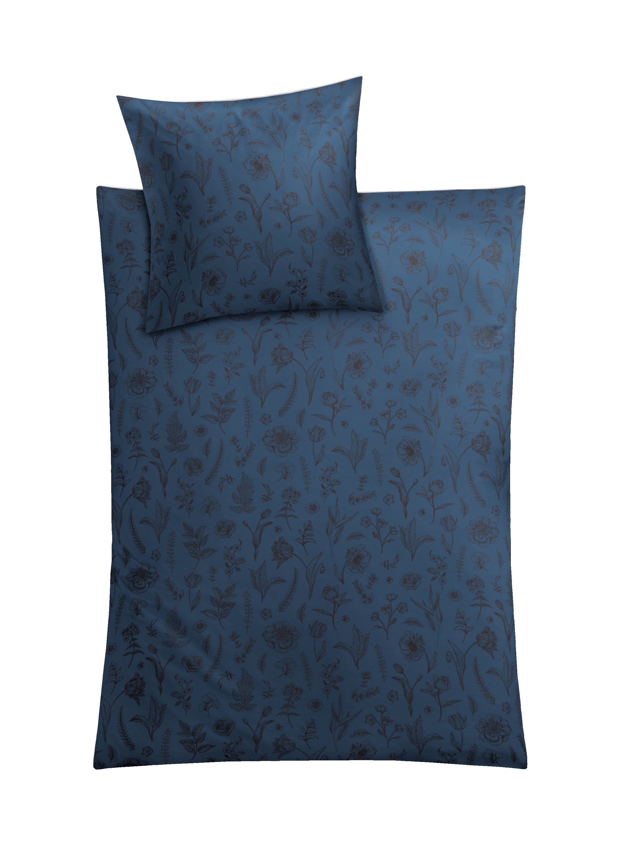 Dunkelblaue Satin Bettwäsche LISSE mit floralem Muster, Set 135x200 cm und 80x80 cm.