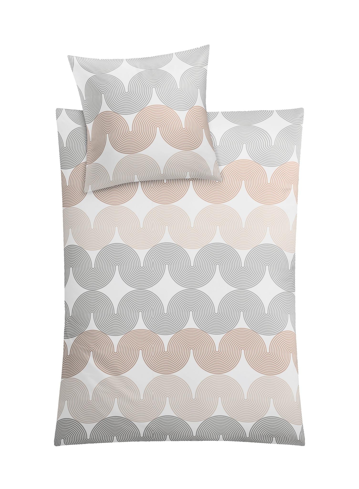Bettwäsche-Set mit Kissen, Wellenmuster in Beige und Grau auf Weiß