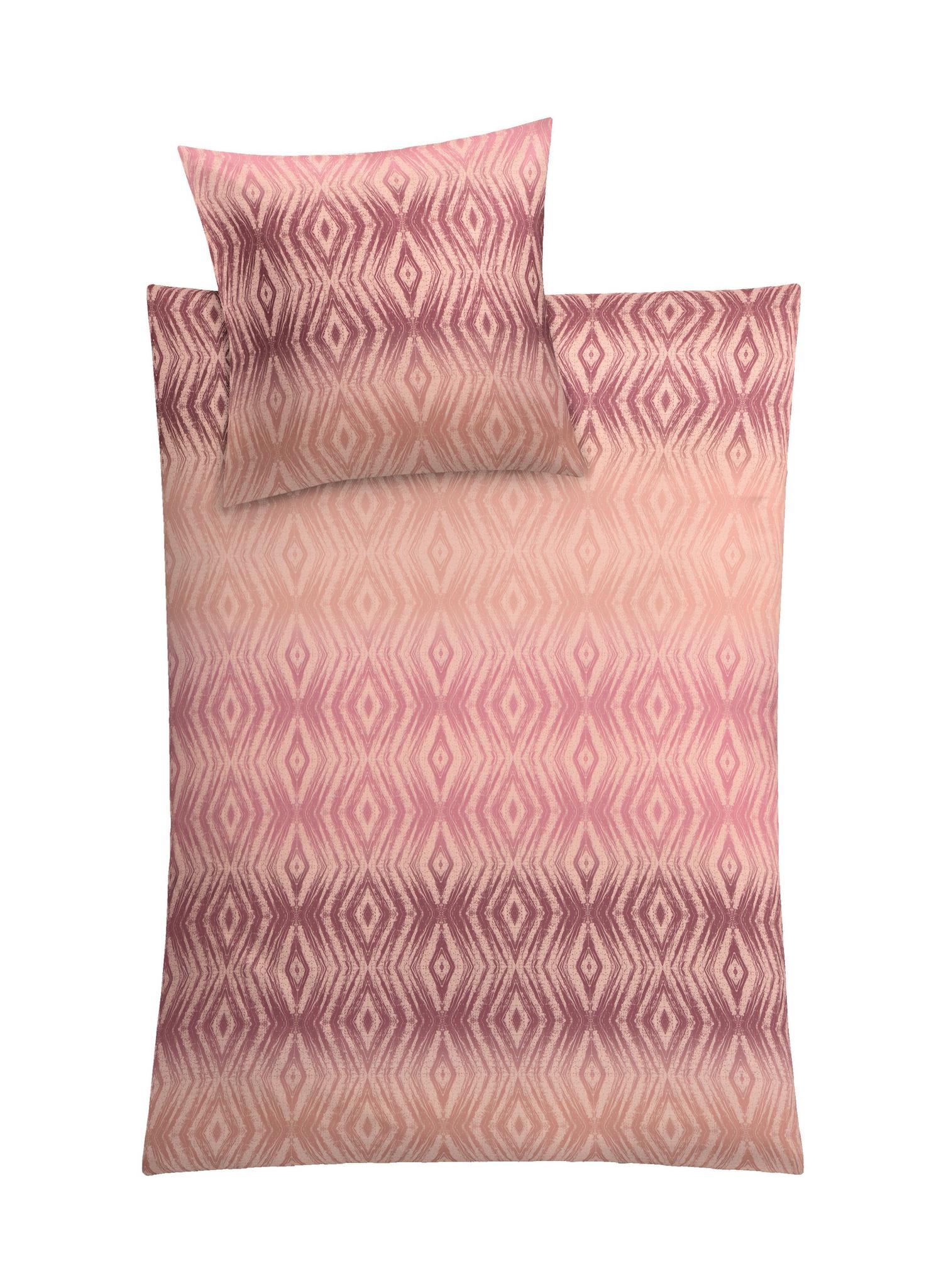 Rosa Bettwäsche-Set mit Kissen und Decke im verlaufenden Rautenmuster
