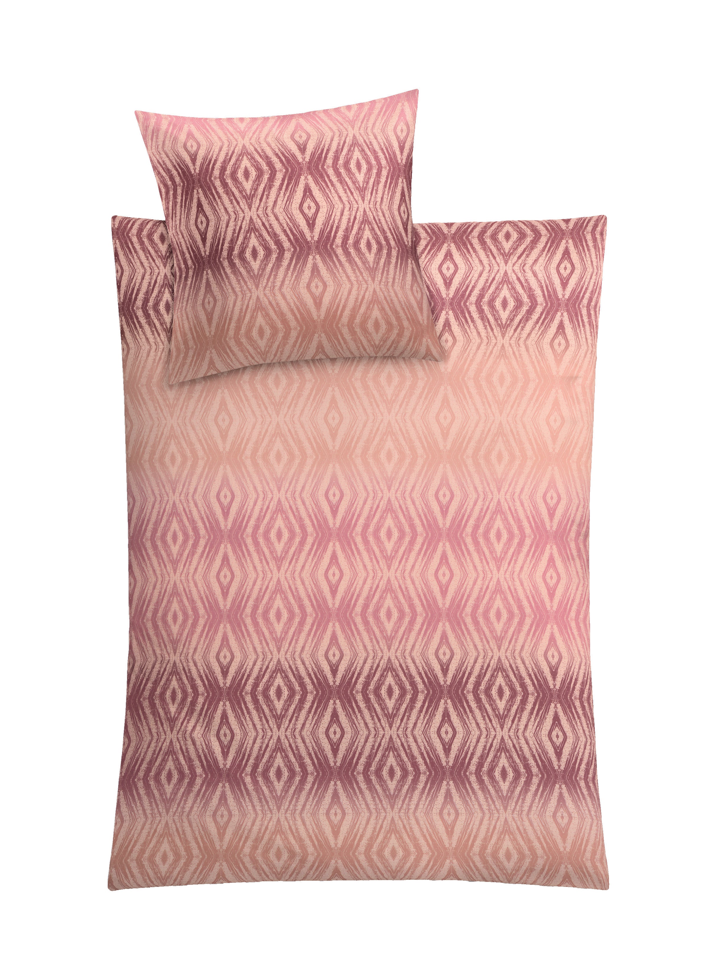 Rosa Bettwäsche-Set mit Kissen und Decke im verlaufenden Rautenmuster