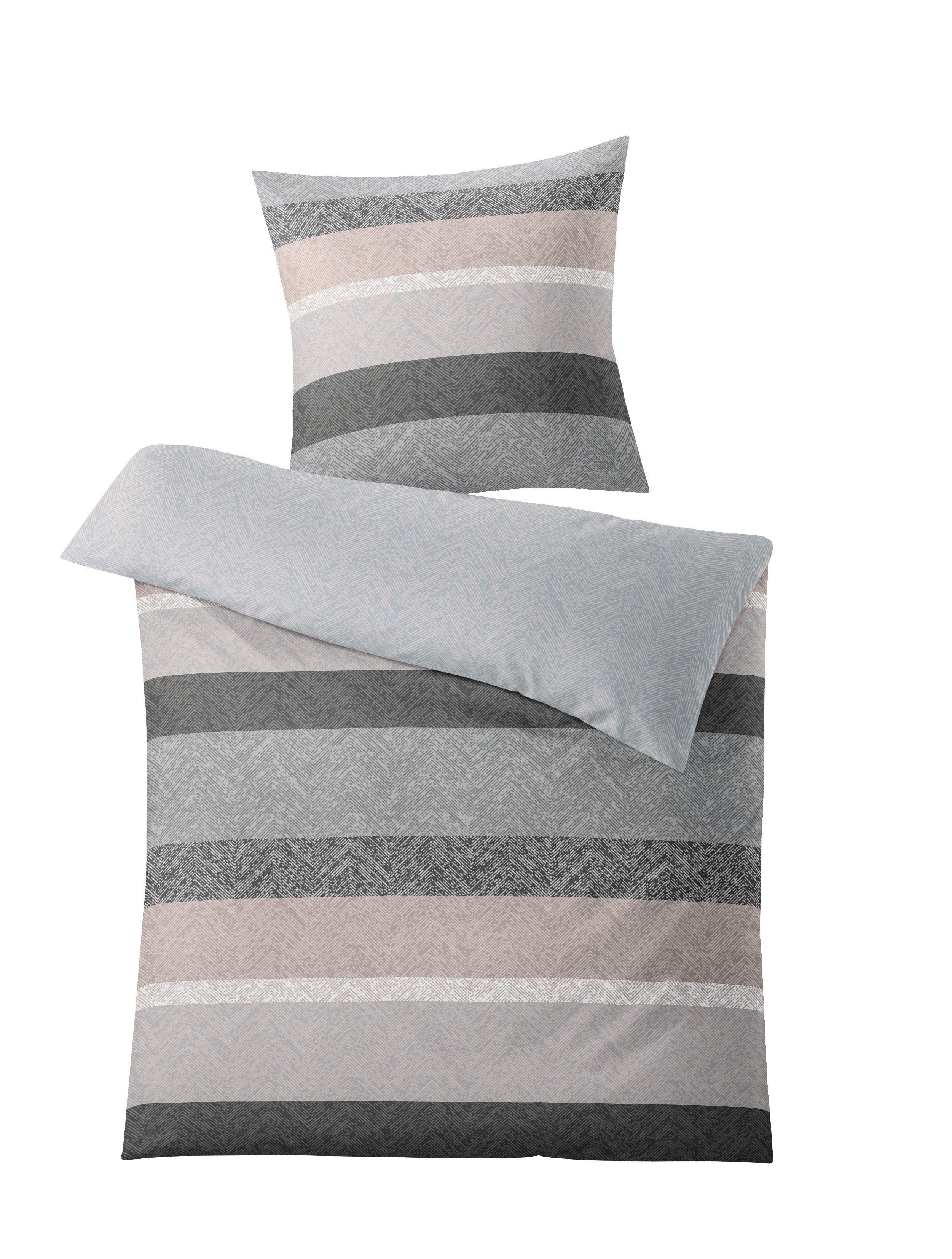 Bettwäsche-Set mit Kissen und Decke in grauen und beigen Streifen